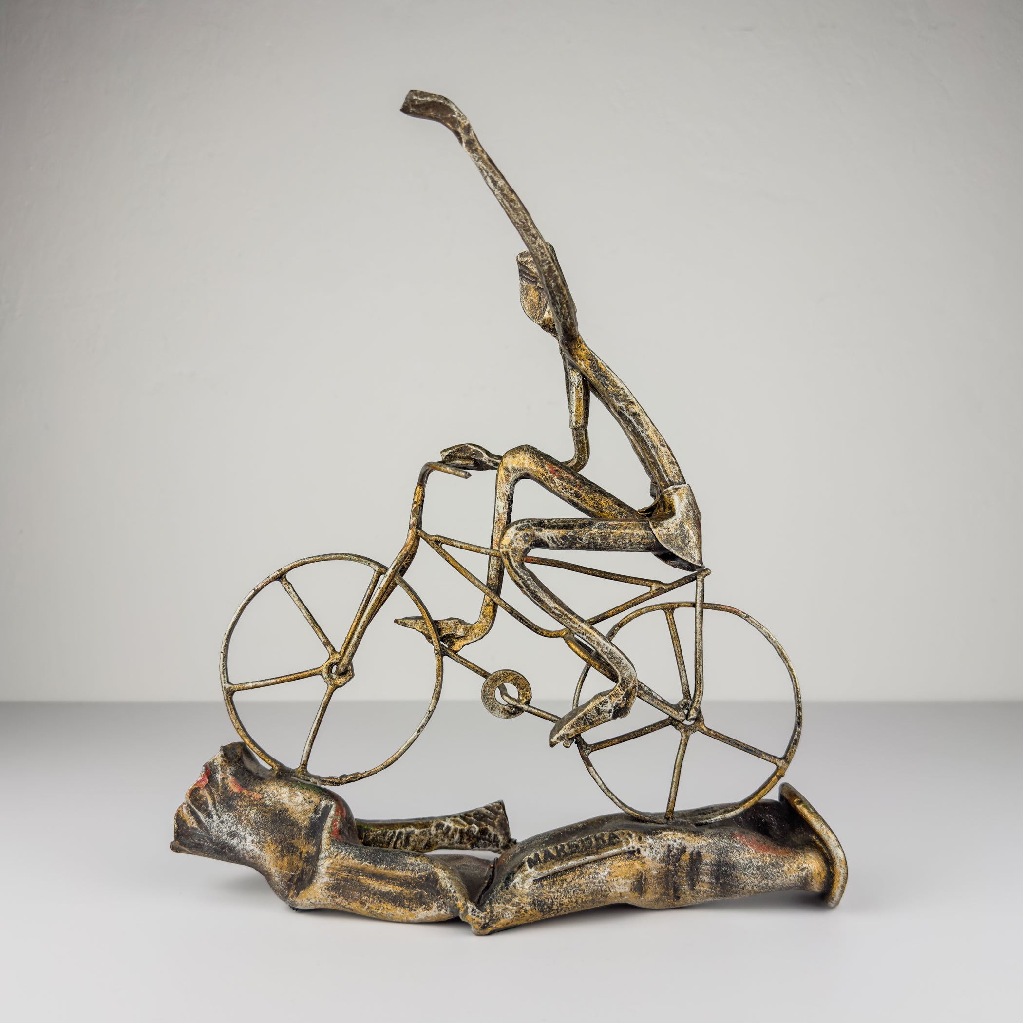 Vintage metal Brutalist sculpture Bicyclist by Salvino Marsura, Italy 1980s