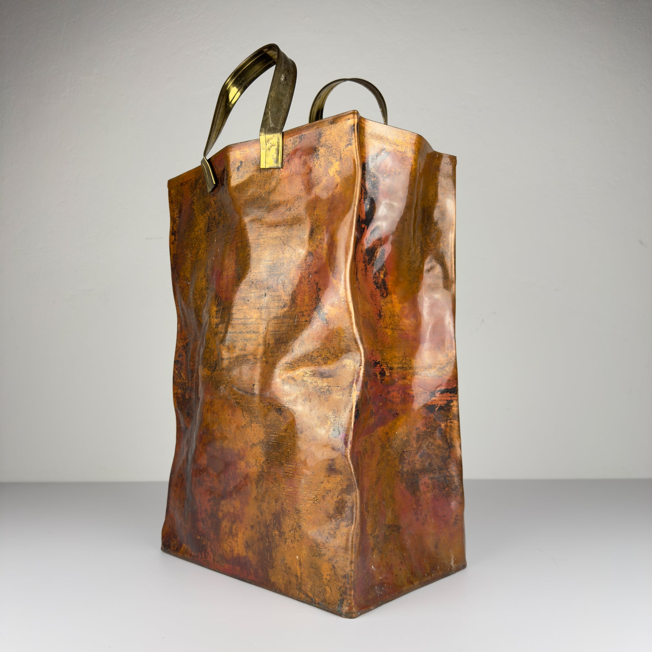 Vintage Copper Magazine Rack "Shopper Bag" with Brass Handles, Italy 1970s