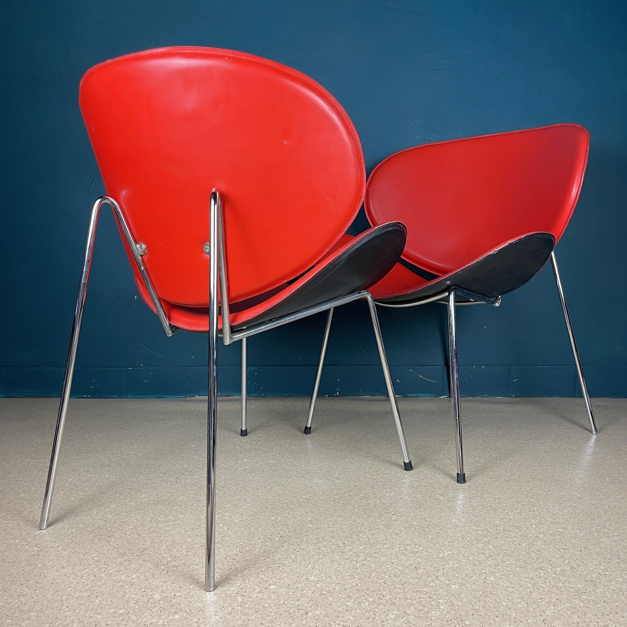 Vintage Red Vinyl Lounge Chairs: Pierre Paulin Style, Mid-Century Modern (Pair)