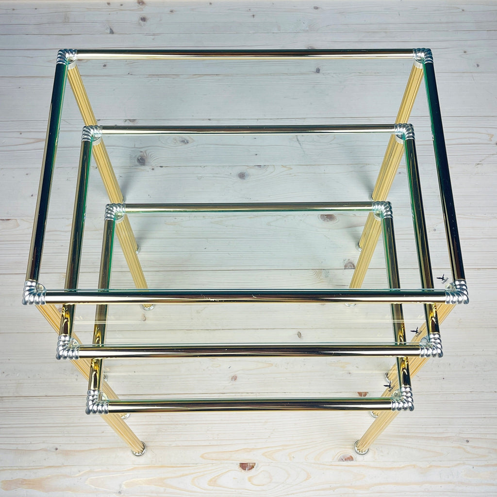 Vintage golden coffee table Italy 1970s Set of 3 Mid-century italian modern furniture