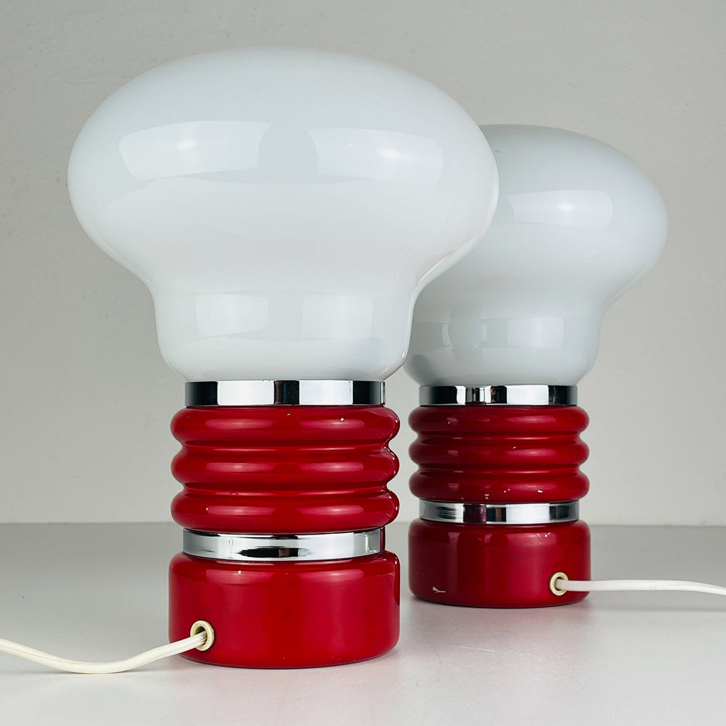 Vintage Enrico Tronconi Bulb Lamps: Red Enamel & Opaline Glass, Set of 2