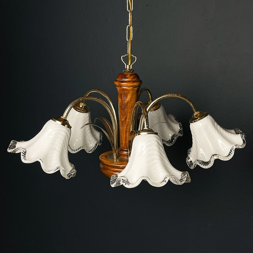 Vintage murano glass and wood chandelier Italy 1970s
