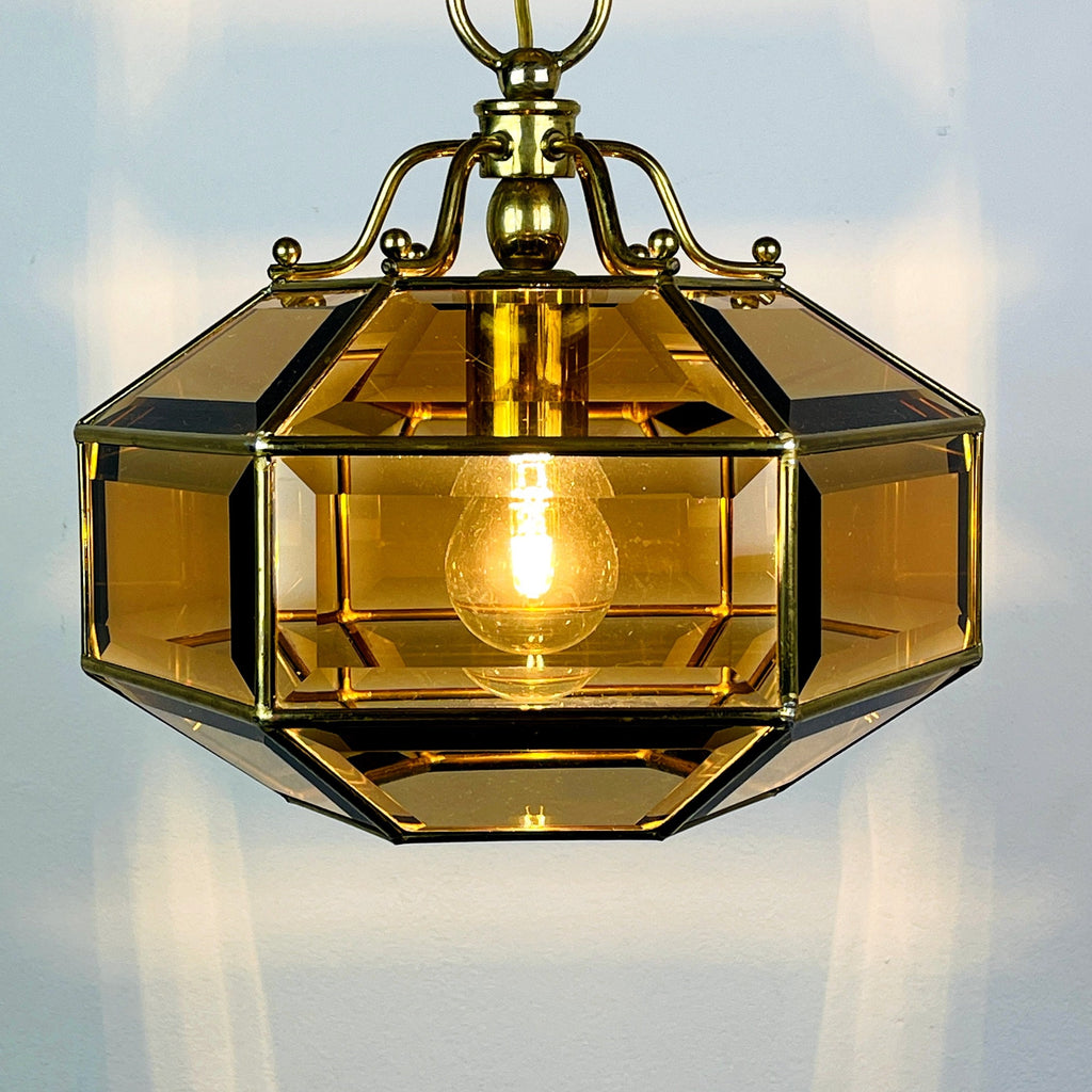 Vintage diamond pendant lamp Italy 1960s Gold brass hex crystal lamp