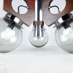 Mid-Century Modern Chandelier: 1970s Yugoslavia Wood, Glass, & Metal 3-Bulb Lamp
