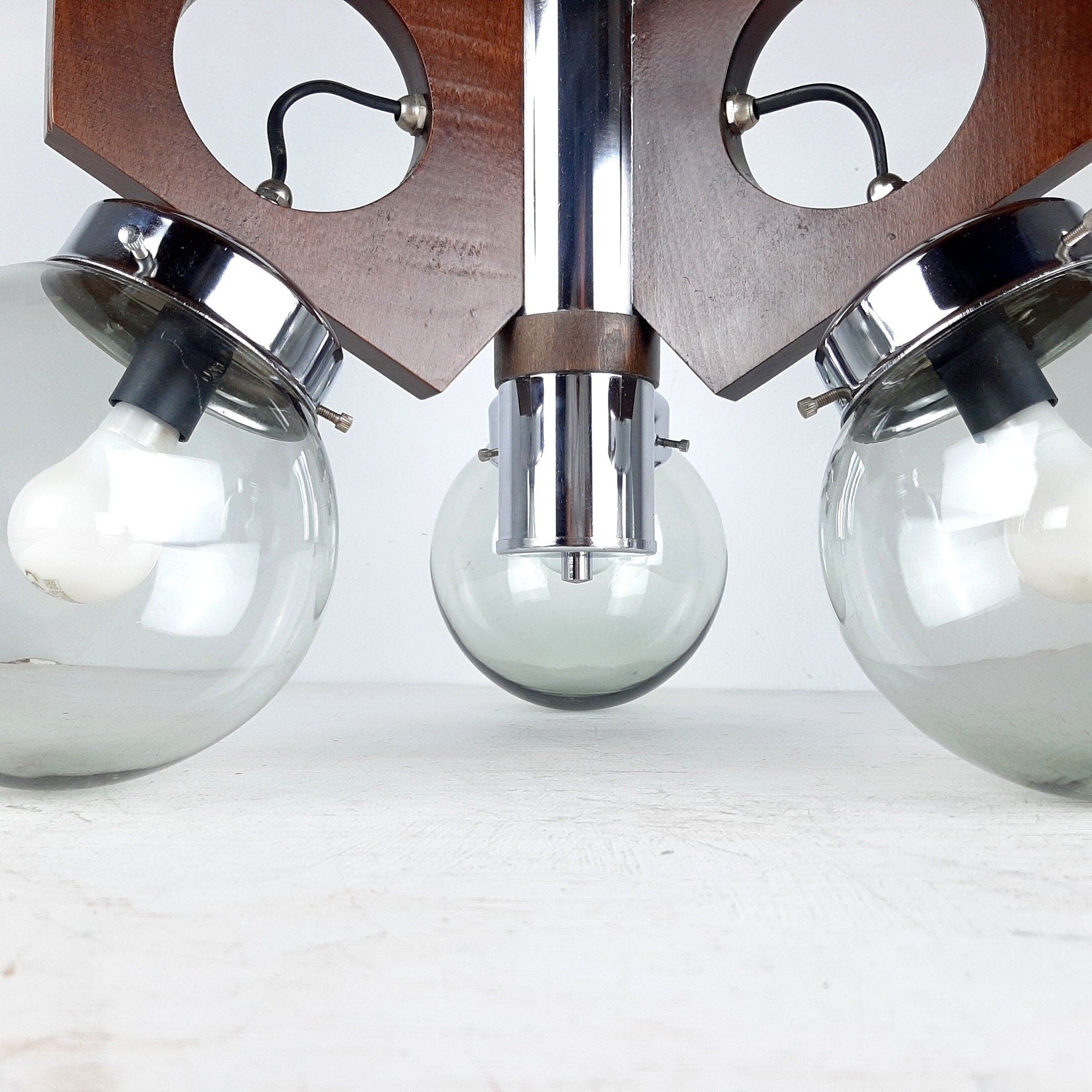 Mid-Century Modern Chandelier: 1970s Yugoslavia Wood, Glass, & Metal 3-Bulb Lamp