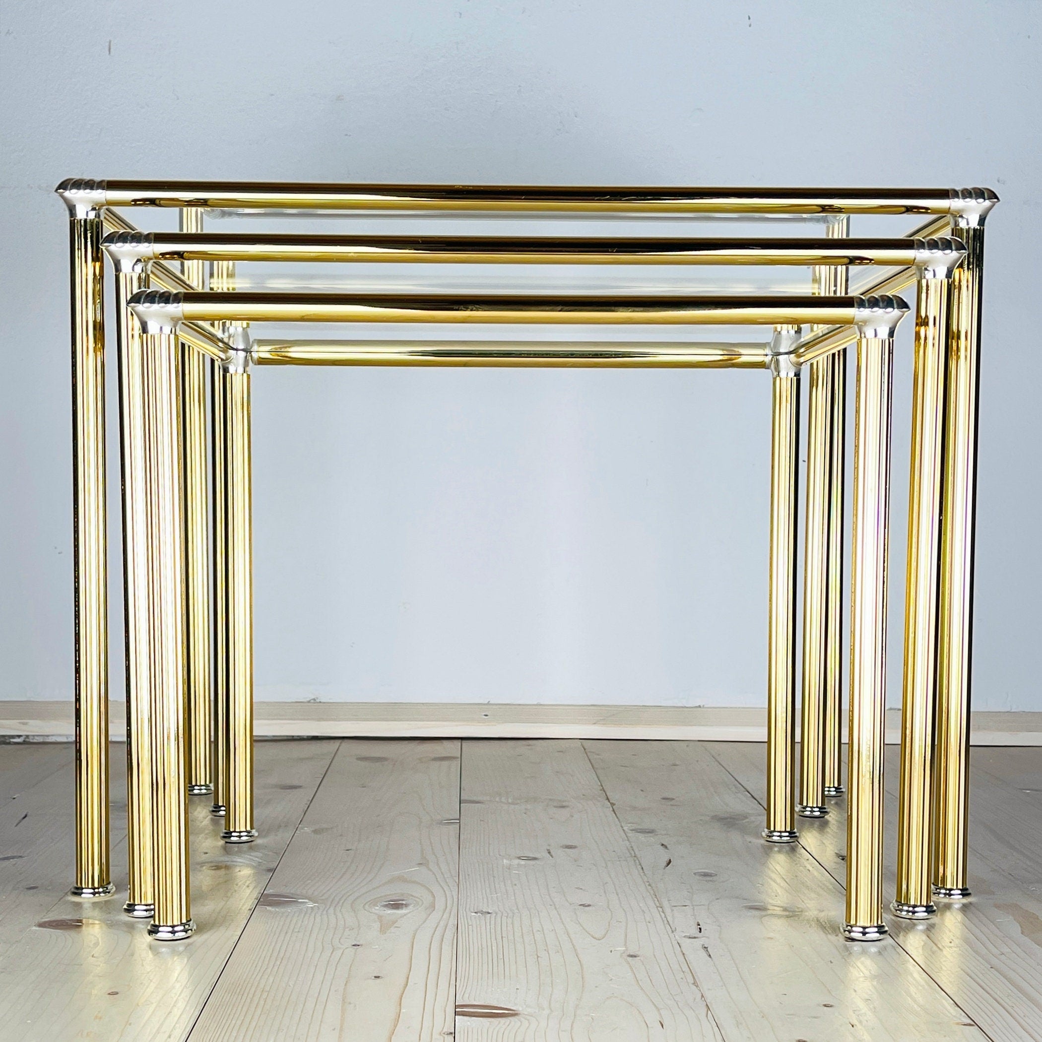 Vintage golden coffee table Italy 1970s Set of 3 Mid-century italian modern furniture