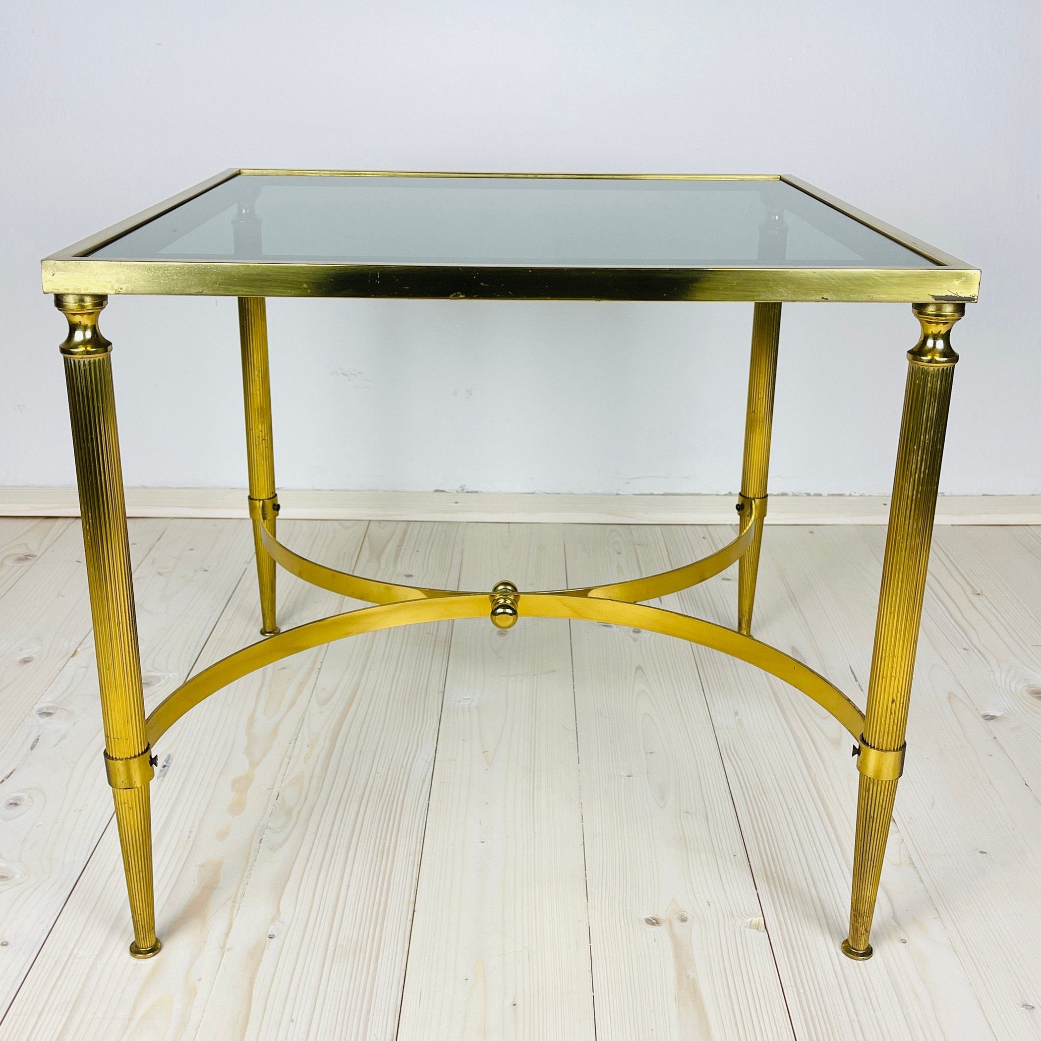 Vintage Smoked Glass & Brass Side Table: Italian Art Deco 1970s