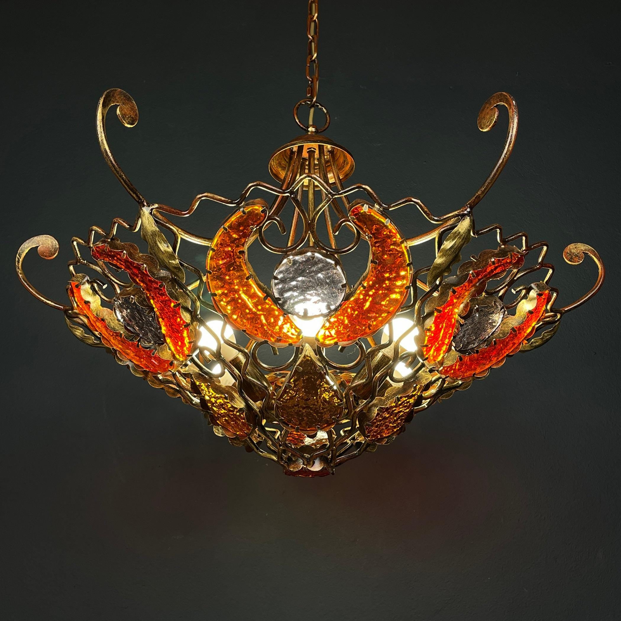 Vintage Metal and murano glass chandelier by MM Lampadari Italy 1990s