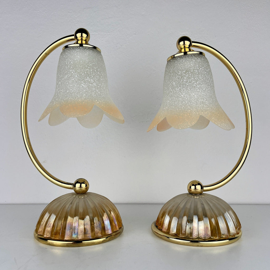 Pair of vintage night table lamp Italy 1970s Retro table lamps white and brass