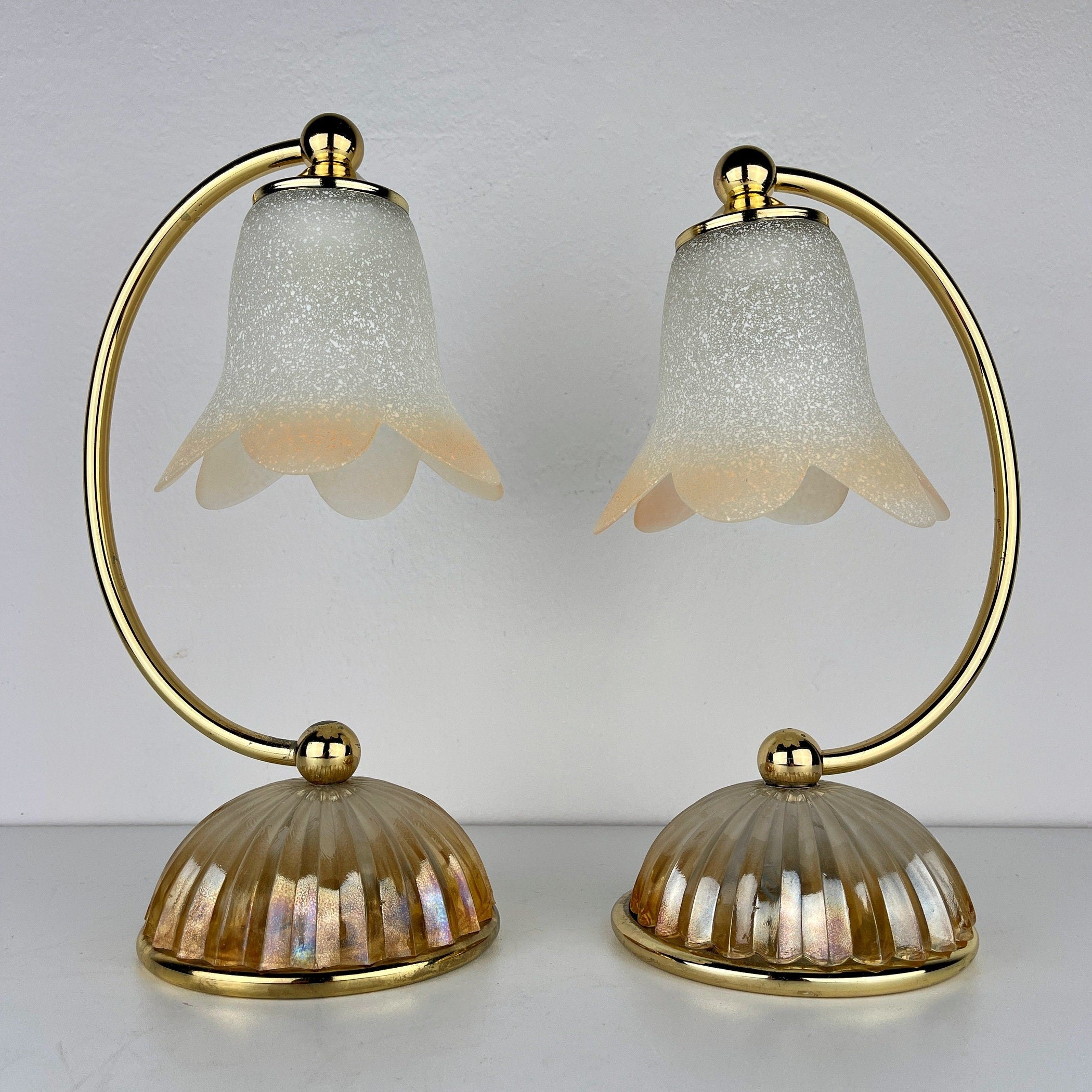 Pair of vintage night table lamp Italy 1970s Retro table lamps white and brass