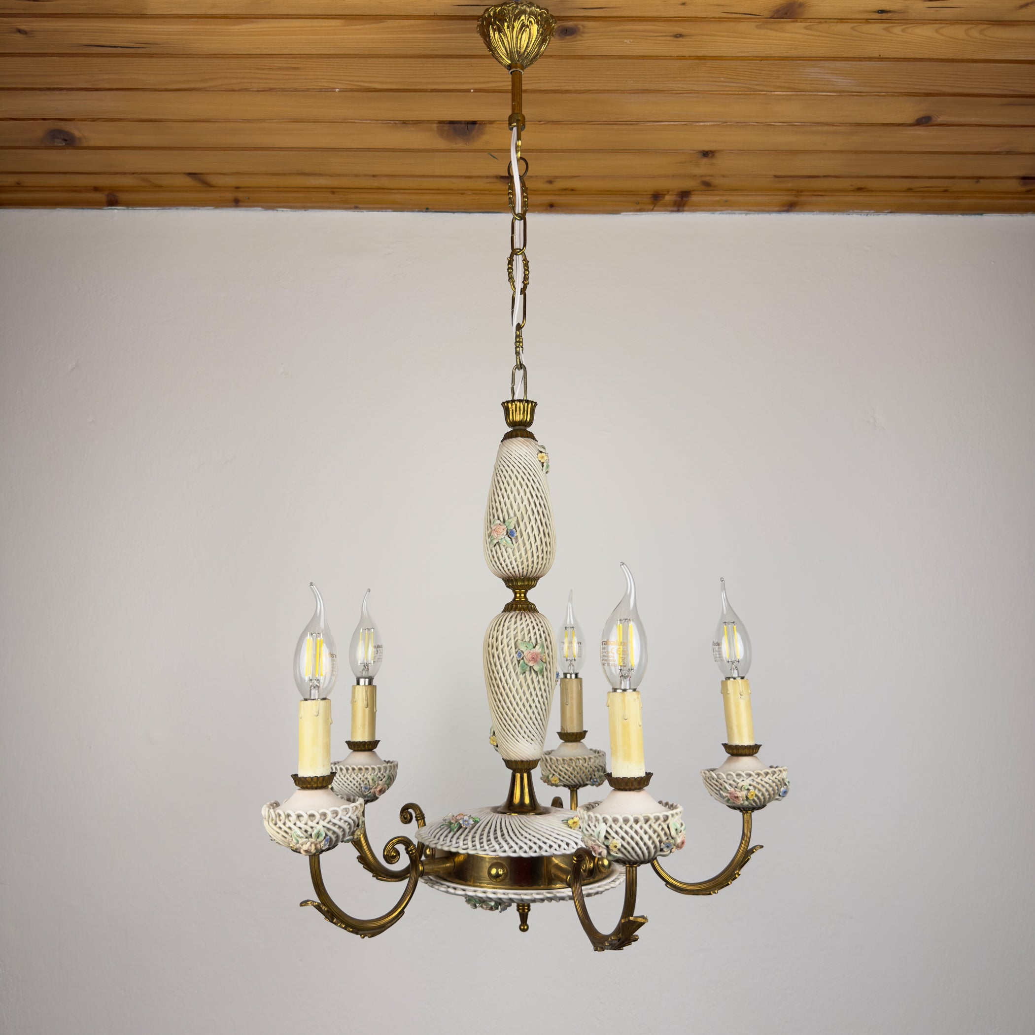 Vintage Art Nouveau Capodimonte Chandelier: Floral Porcelain Lamp, 1930s