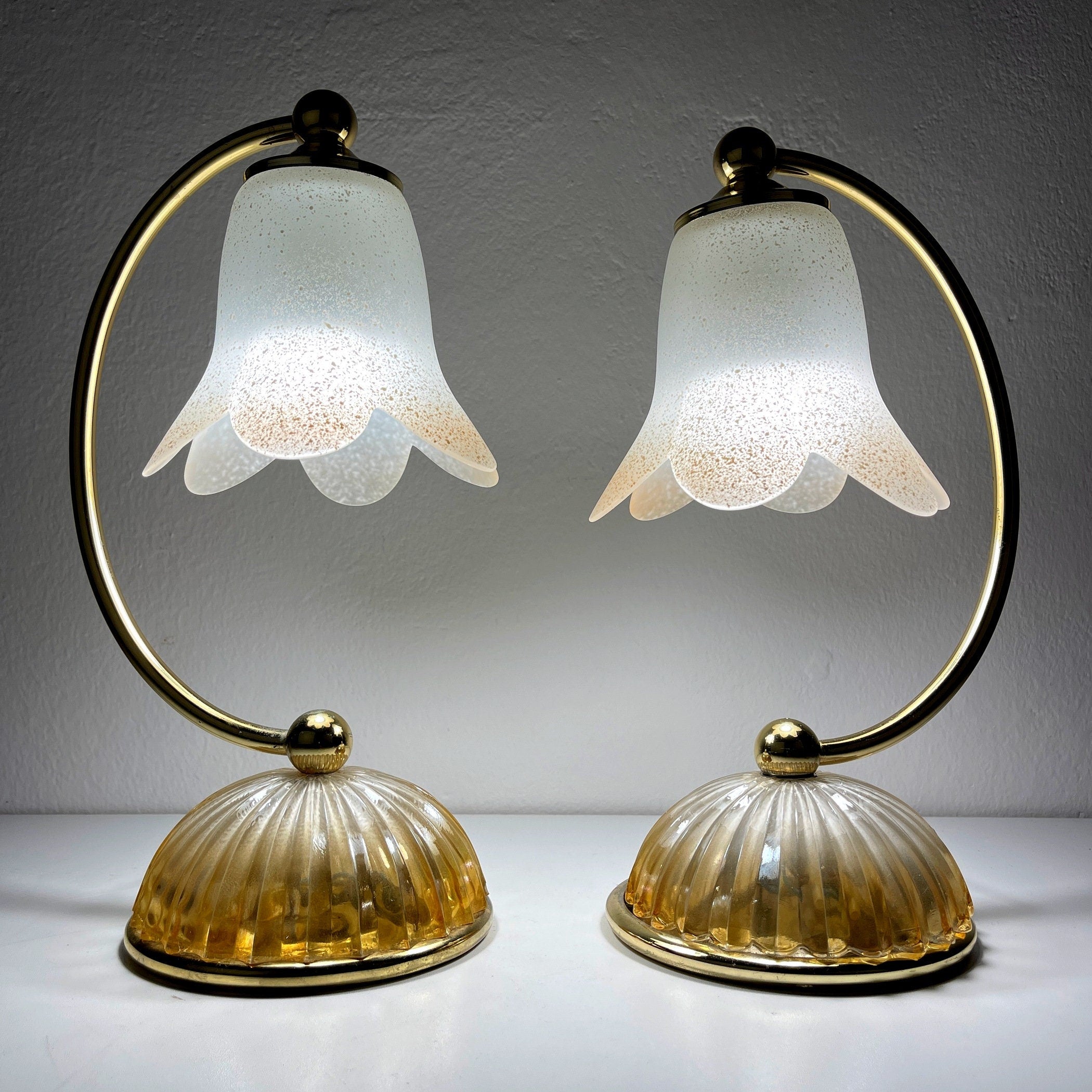 Pair of vintage night table lamp Italy 1970s Retro table lamps white and brass