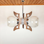Retro Wood & Glass Chandelier: 70s Geometric Pendant Lamp