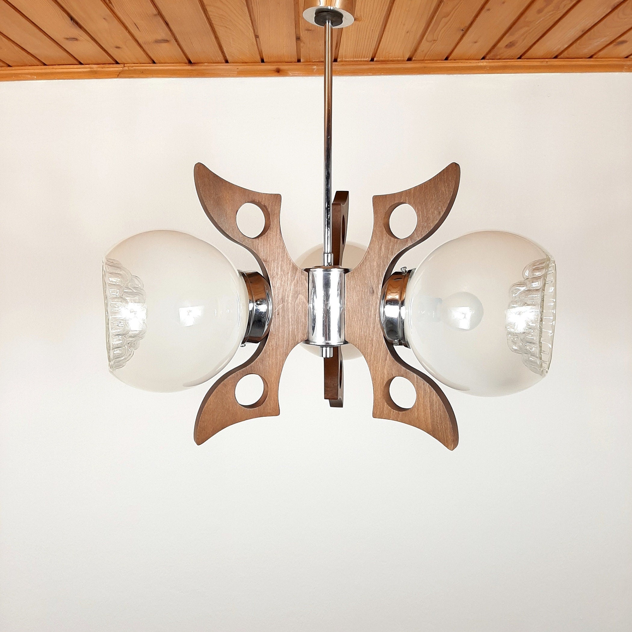 Retro Wood & Glass Chandelier: 70s Geometric Pendant Lamp