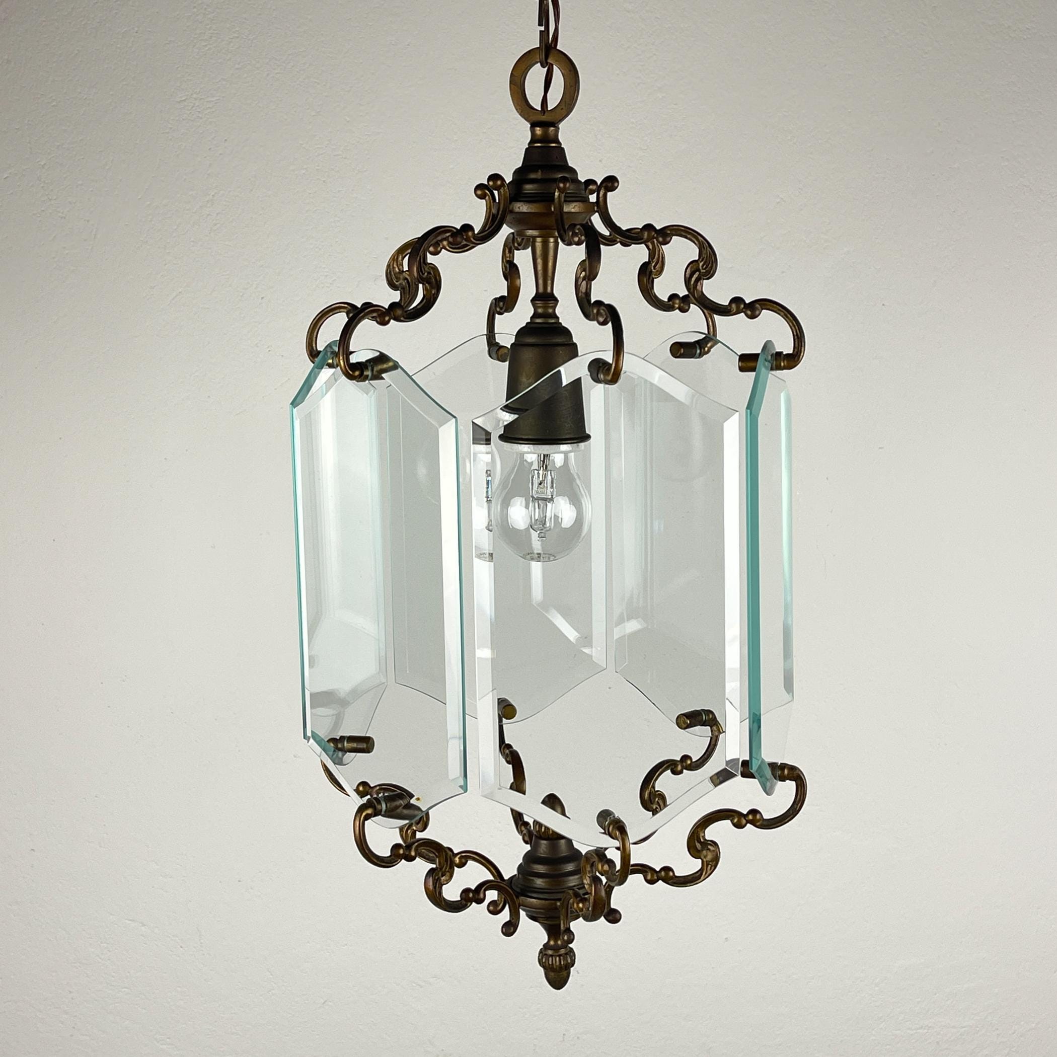 Vintage bronze pendant lamp, in style of Pietro Chiesa For Fontana Arte, Italy, 1950s