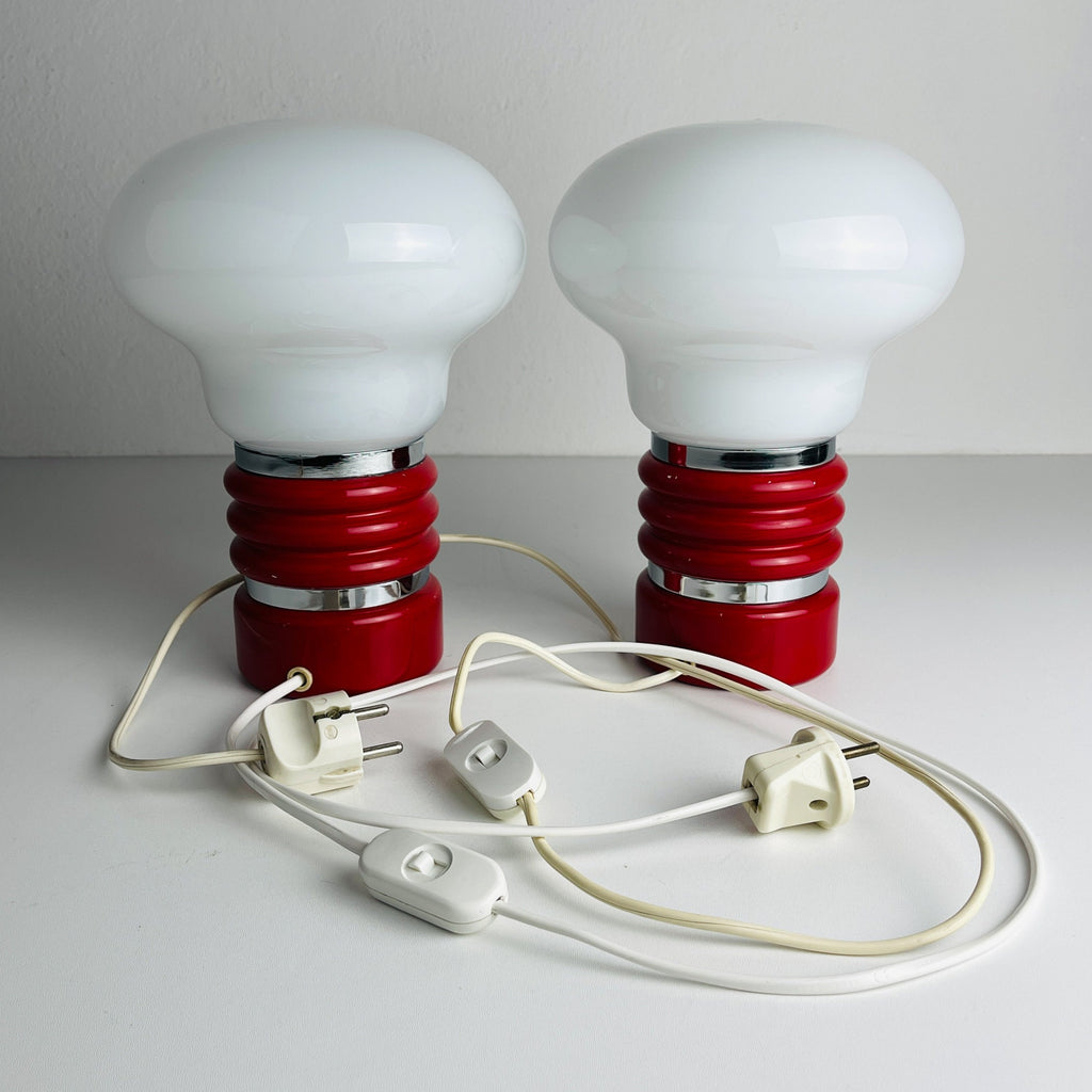 Vintage Enrico Tronconi Bulb Lamps: Red Enamel & Opaline Glass, Set of 2