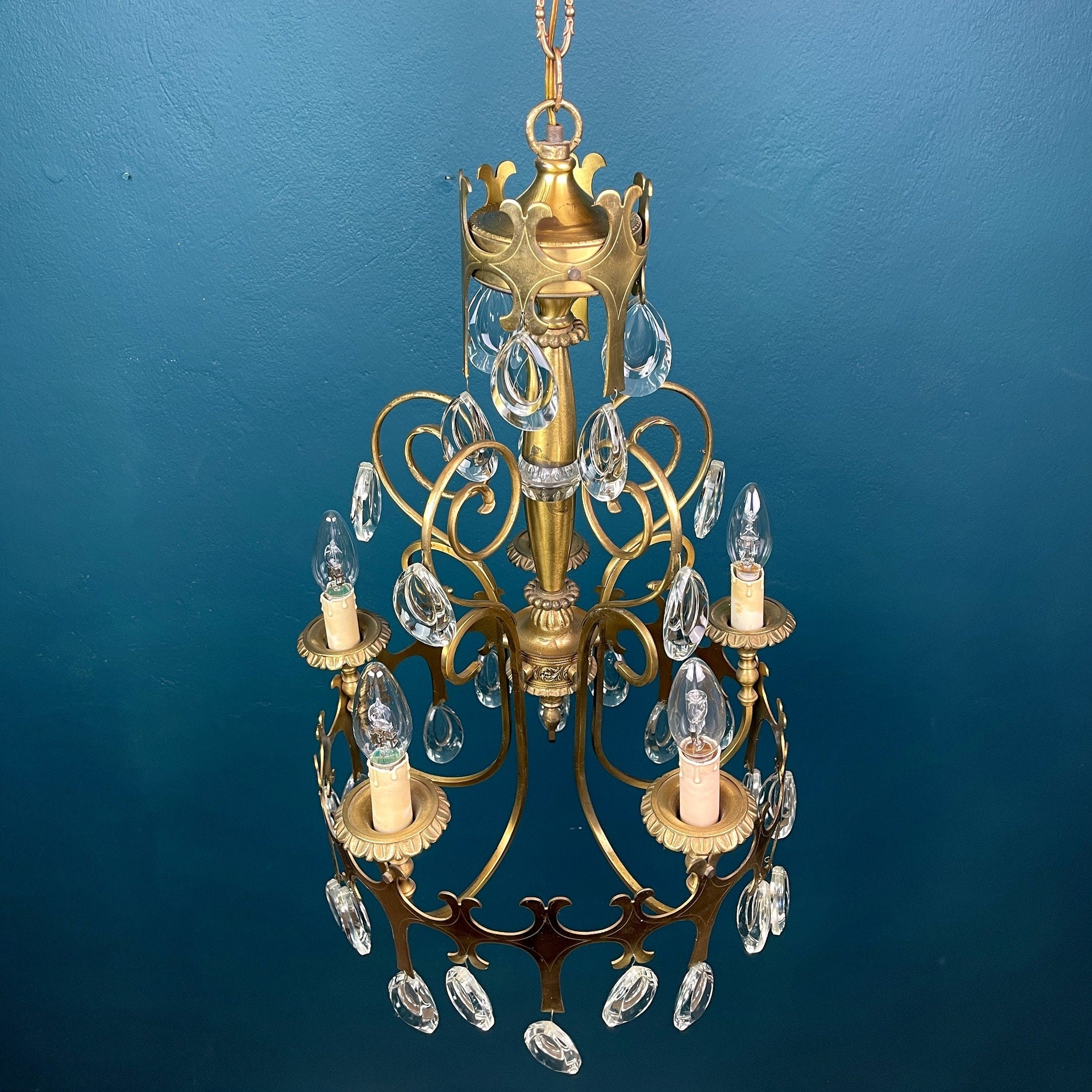 Vintage Italian Chandelier: 1960s Bronze 5-Arm Crystal Drop Light