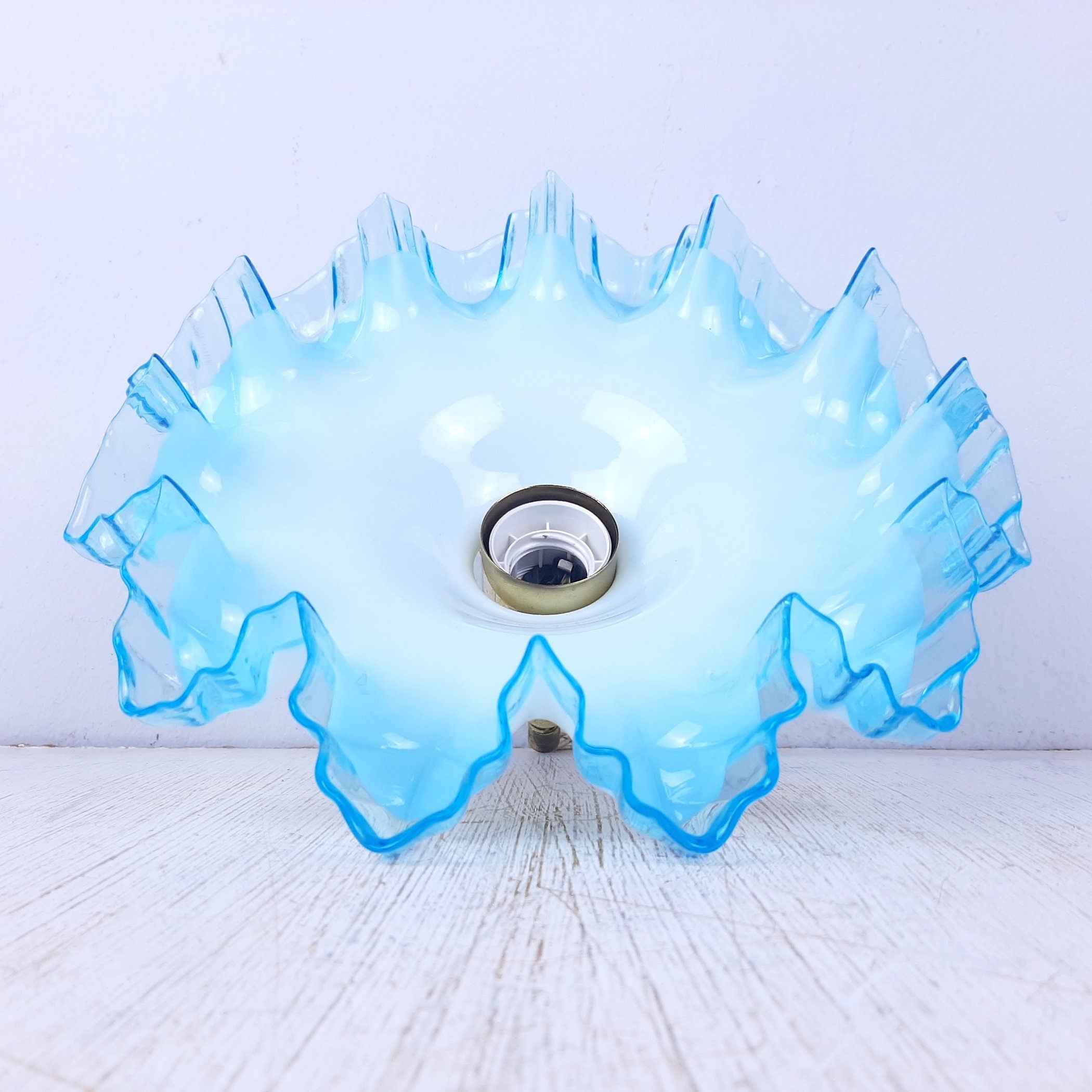 Vintage Italian Pendant Lamp: Blue & White Glass, Brass Accent, 1950s