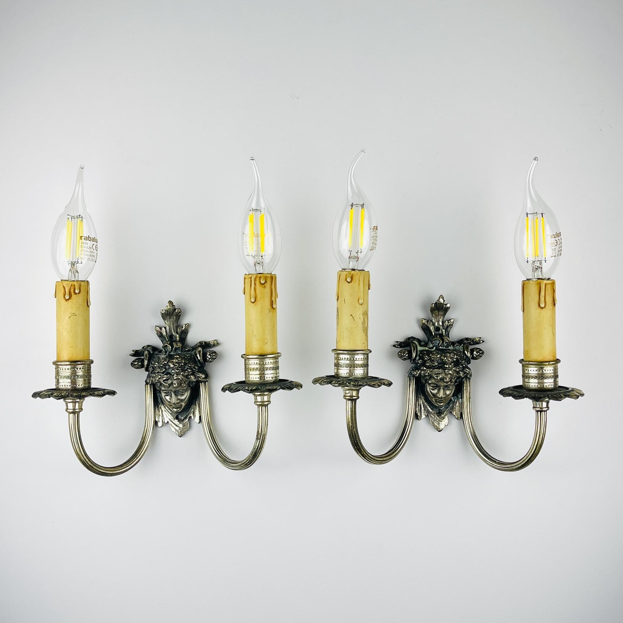 Antique silver plated wall lamp, France, 1930s, Set of 2, Vintage home decor