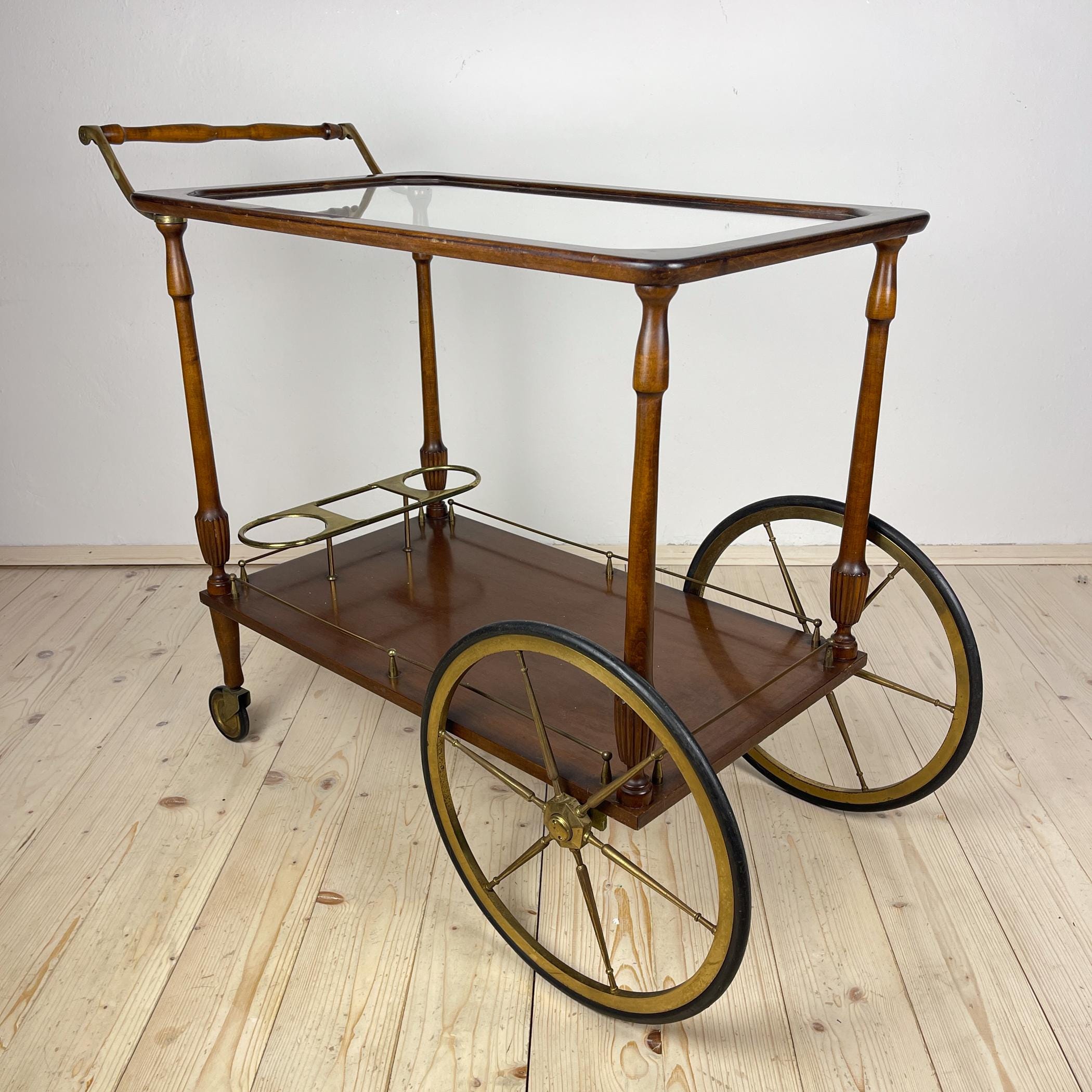 Mid-Century wood bar cart trolley, Italy, 1970s, Vintage Home Decor