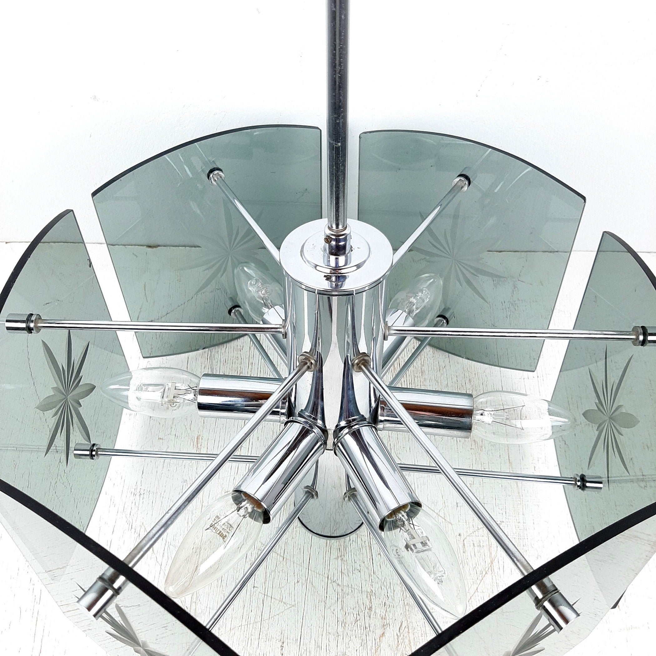 Mid-Century Modern Smoked Glass Pendant Lamp: EMI Poljcane Yugoslavia '70s