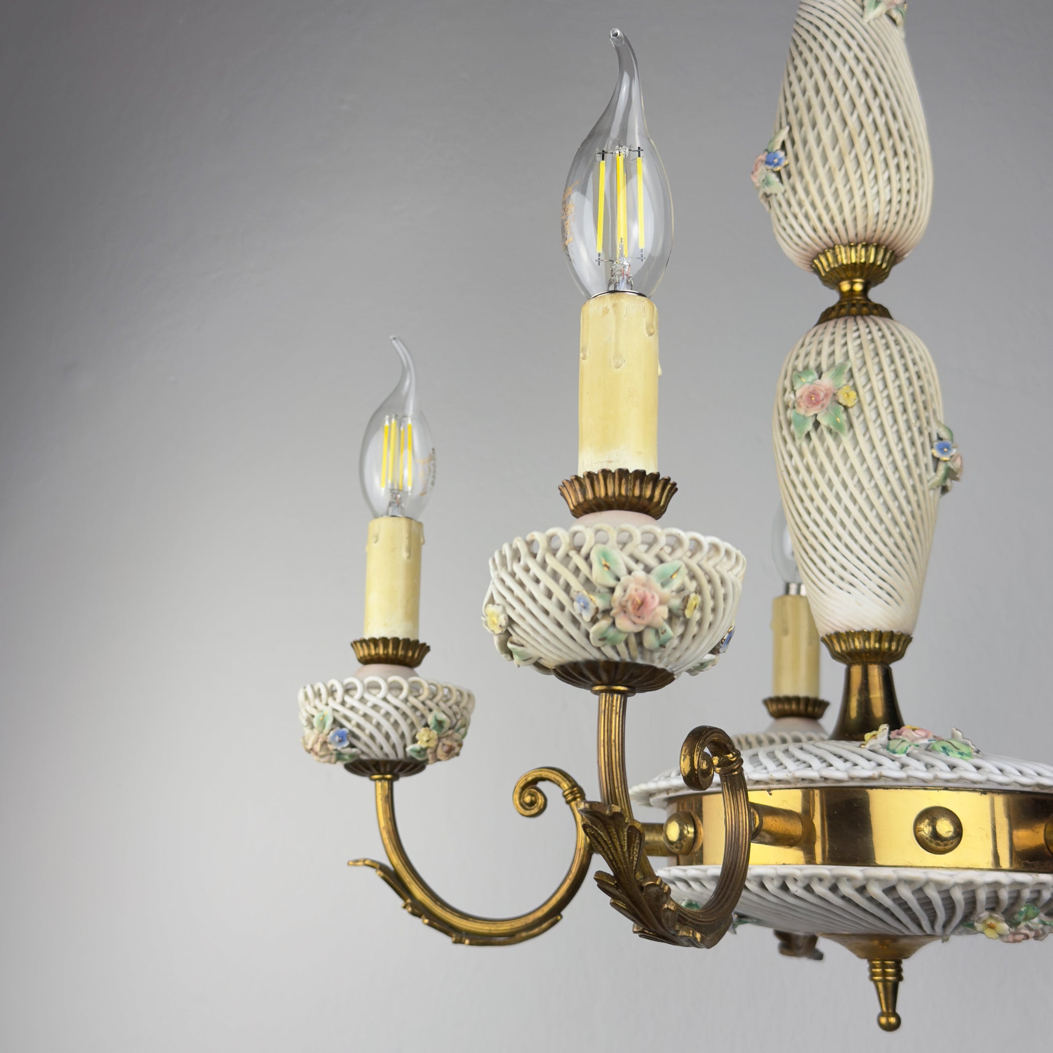 Vintage Art Nouveau Capodimonte Chandelier: Floral Porcelain Lamp, 1930s