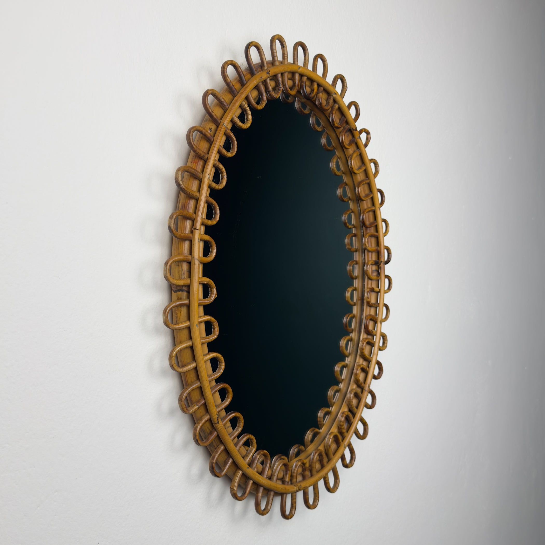 Vintage Oval Bamboo Mirror, attributed Franco Albini, Italy 1960s