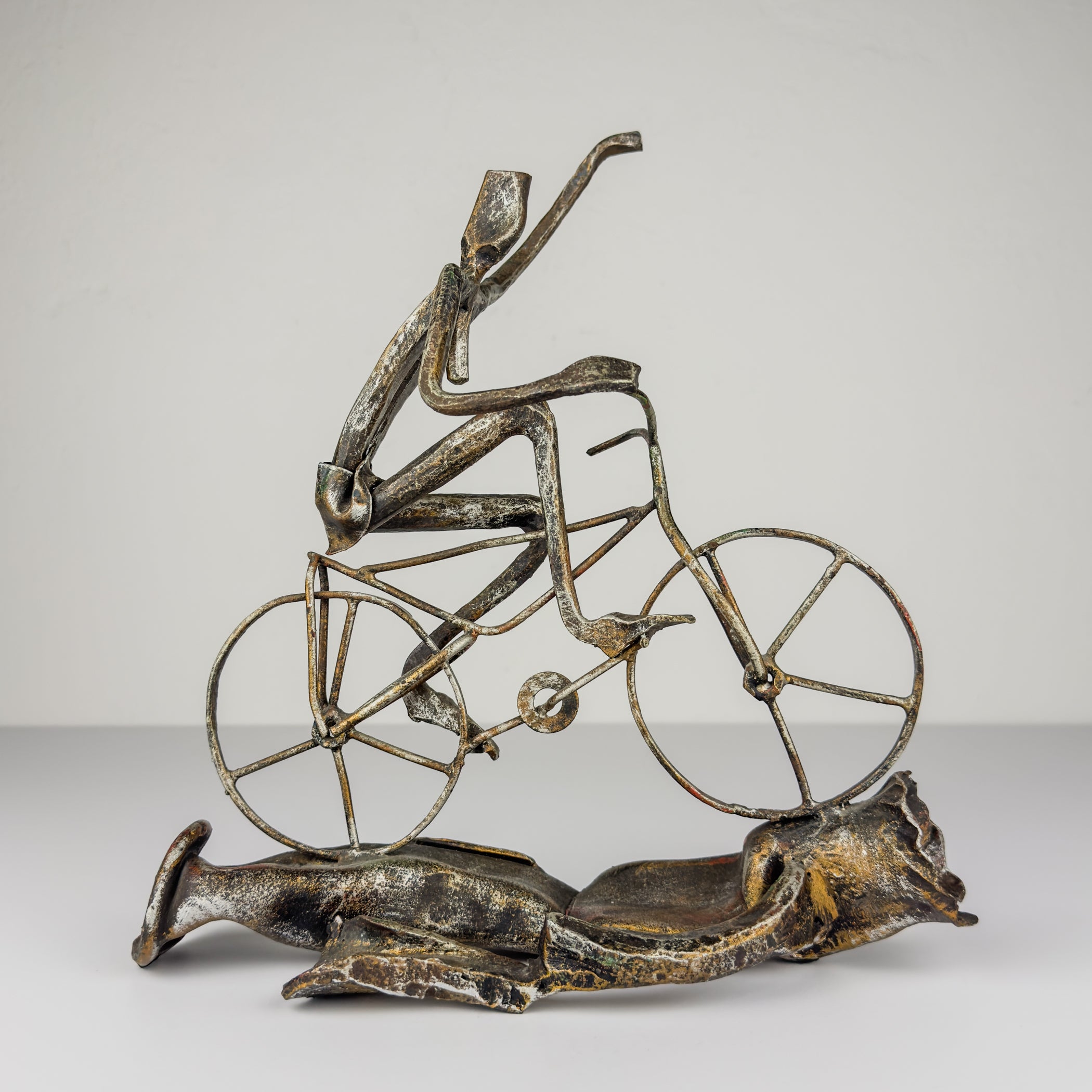 Vintage metal Brutalist sculpture Bicyclist by Salvino Marsura, Italy 1980s