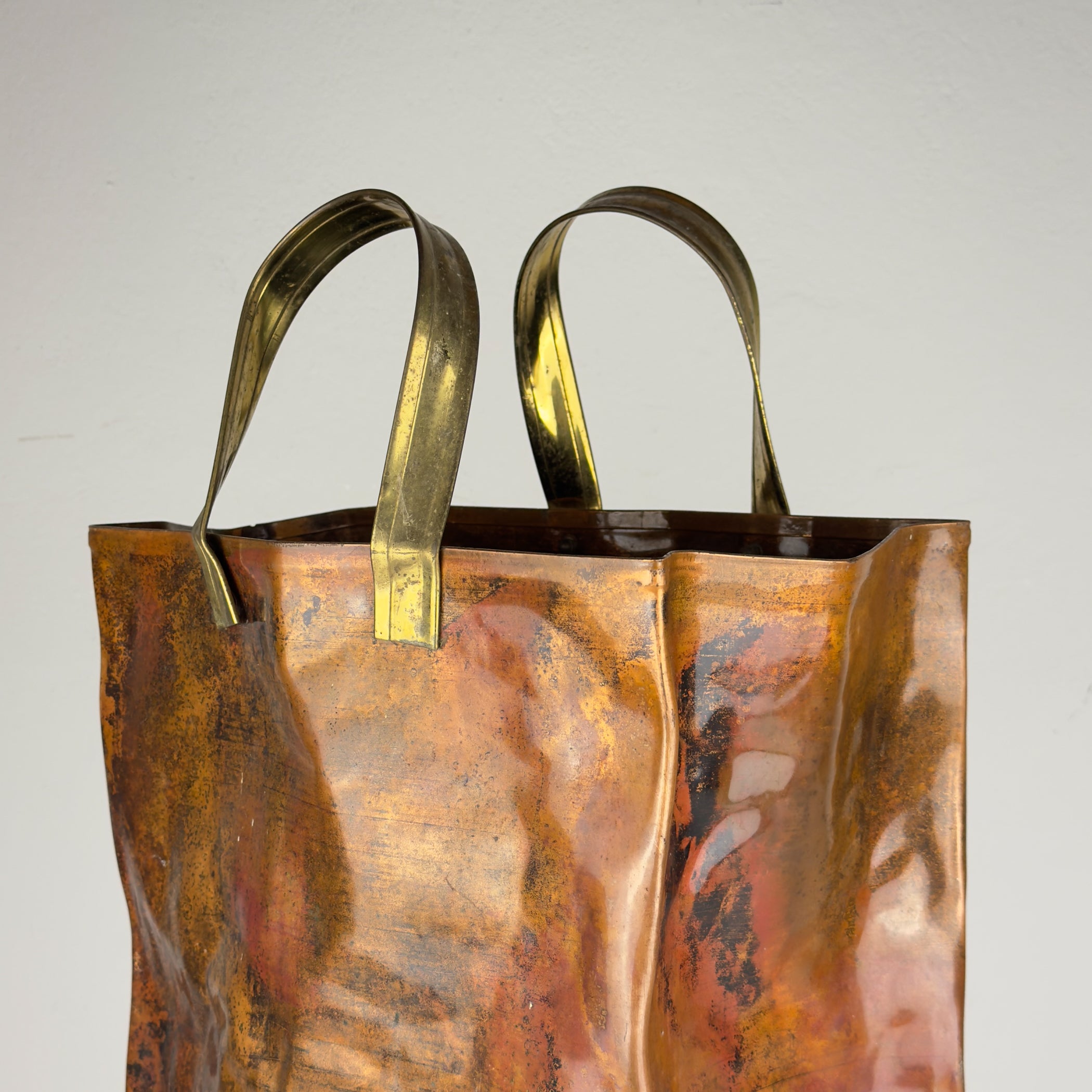 Vintage Copper Magazine Rack "Shopper Bag" with Brass Handles, Italy 1970s