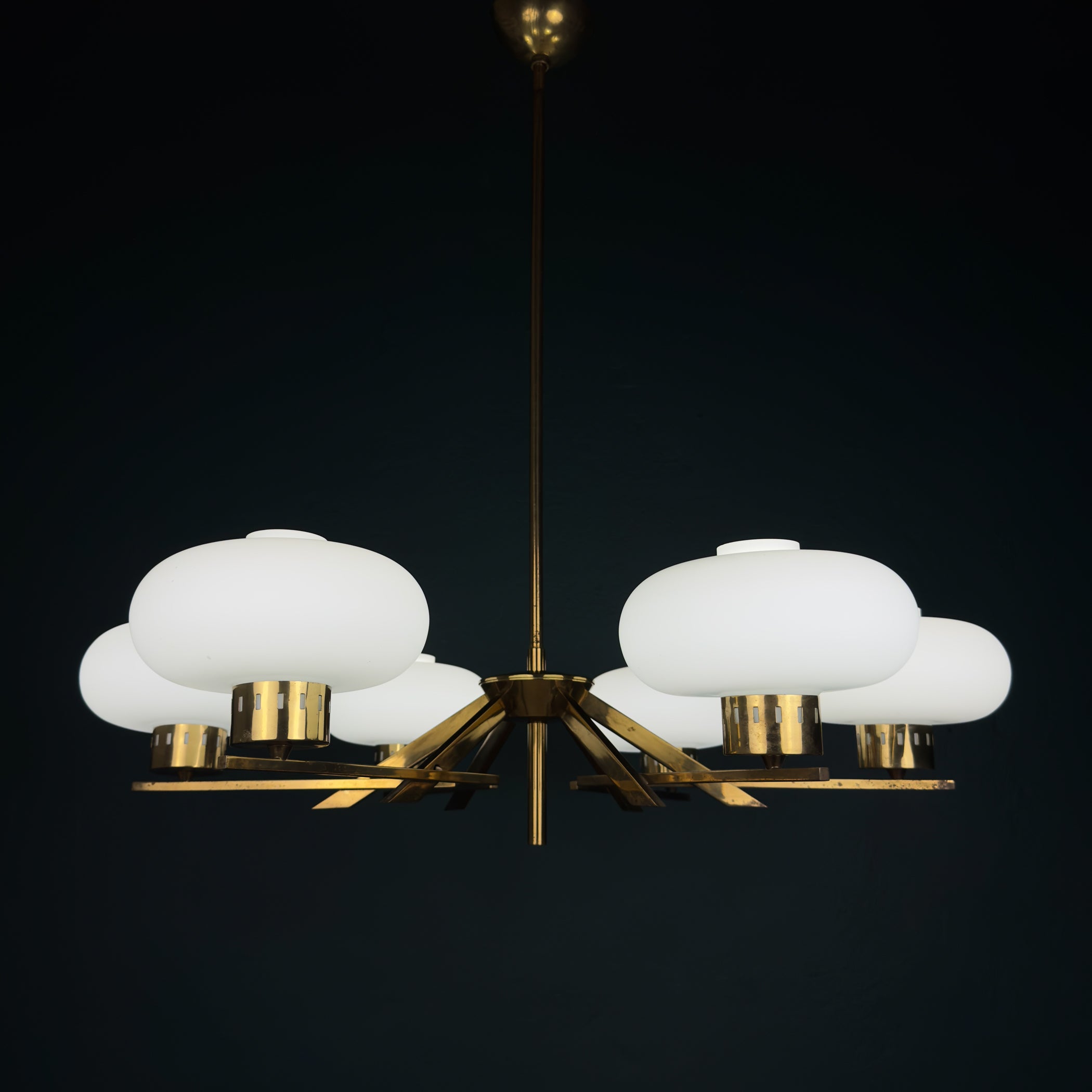 Mid-Century Stilnovo Chandelier with Brass and Opaline Glass, Italy 1970s