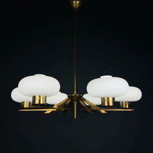 Mid-Century Stilnovo Chandelier with Brass and Opaline Glass, Italy 1970s