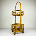 Vintage bamboo & rattan round service bar cart, Italy 1960s