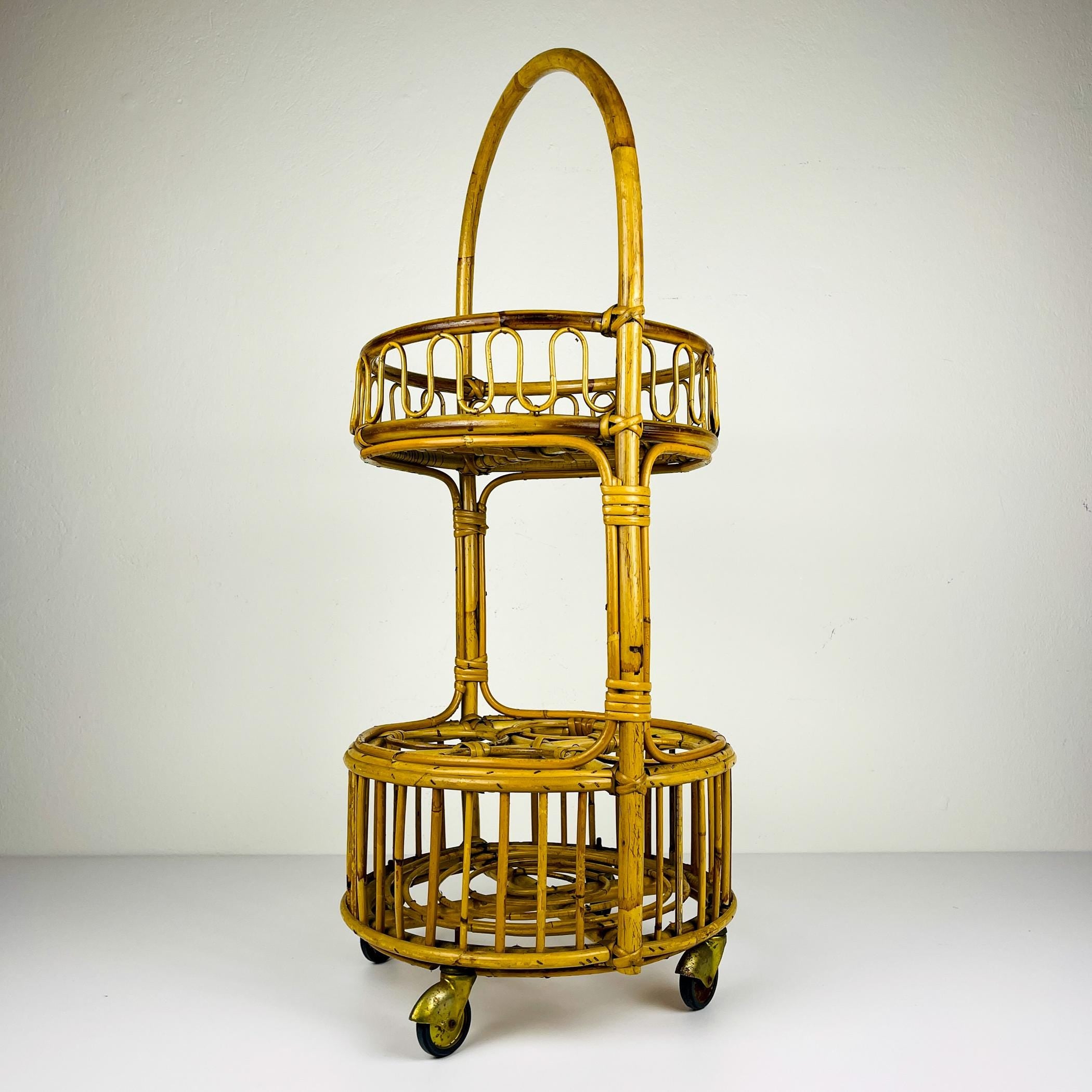 Vintage bamboo & rattan round service bar cart, Italy 1960s