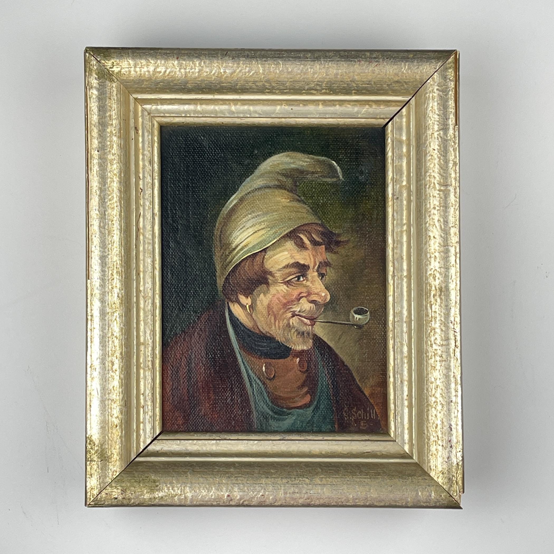 Antique painting Portrait "Man in a nightcap with a pipe" by G. Schill, canvas, oil, 1930s