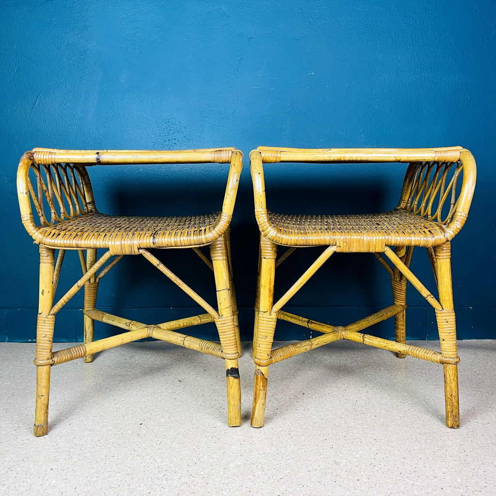 Pair of Vintage bamboo nightstands bedside tables Italy 1960s end table night side furniture modern tiki boho chic bohemian rattan wicker