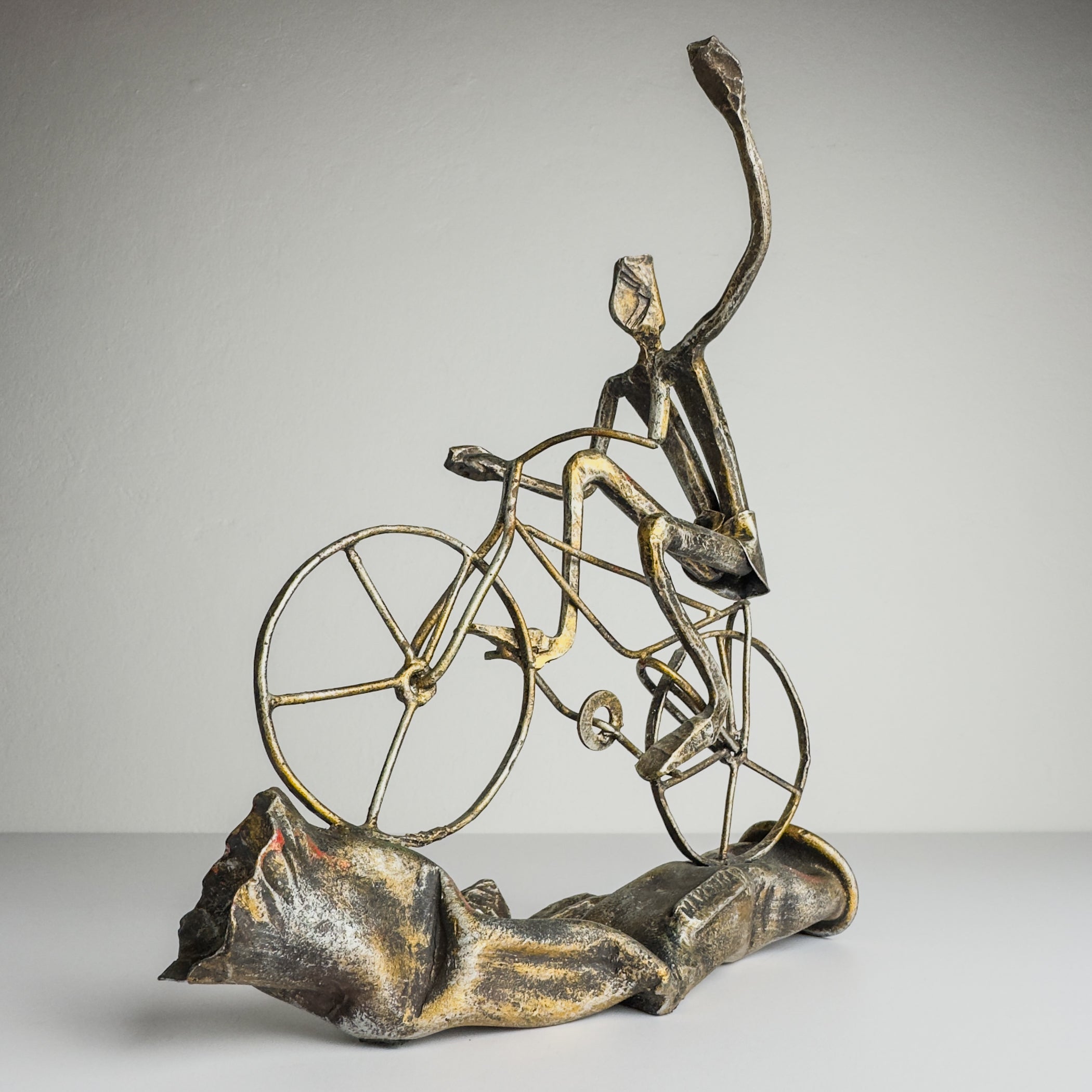 Vintage metal Brutalist sculpture Bicyclist by Salvino Marsura, Italy 1980s