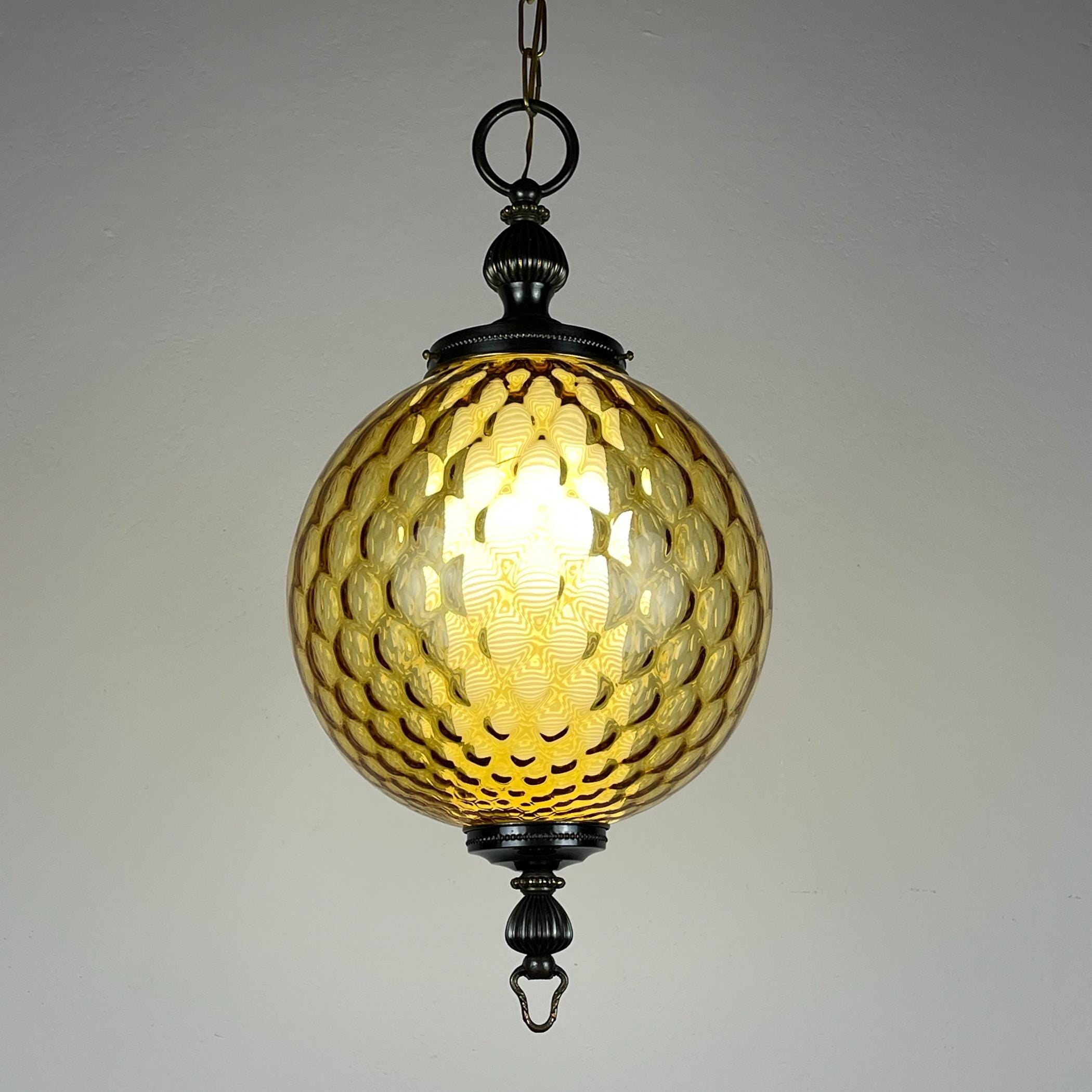 Vintage yelllow murano sphere ball pendant lamp Italy 1970s, Mid-century italian lighting