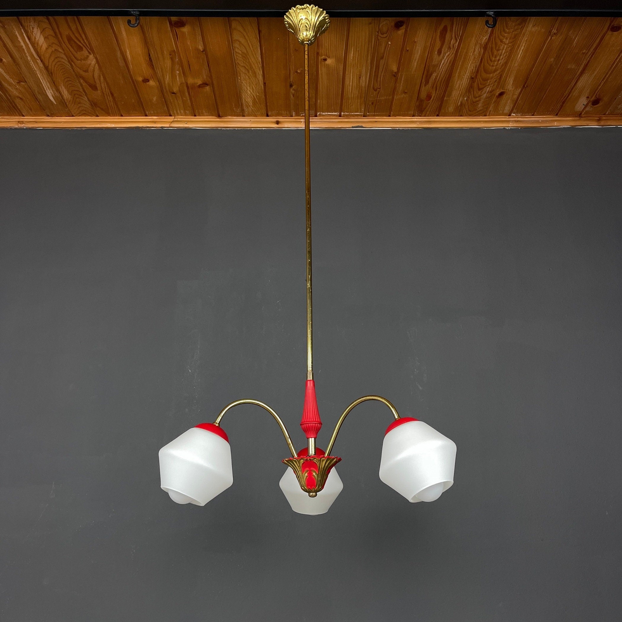 Vintage Italian Brass and Milky Glass 3-Arm Chandelier - 1950s Classic Design