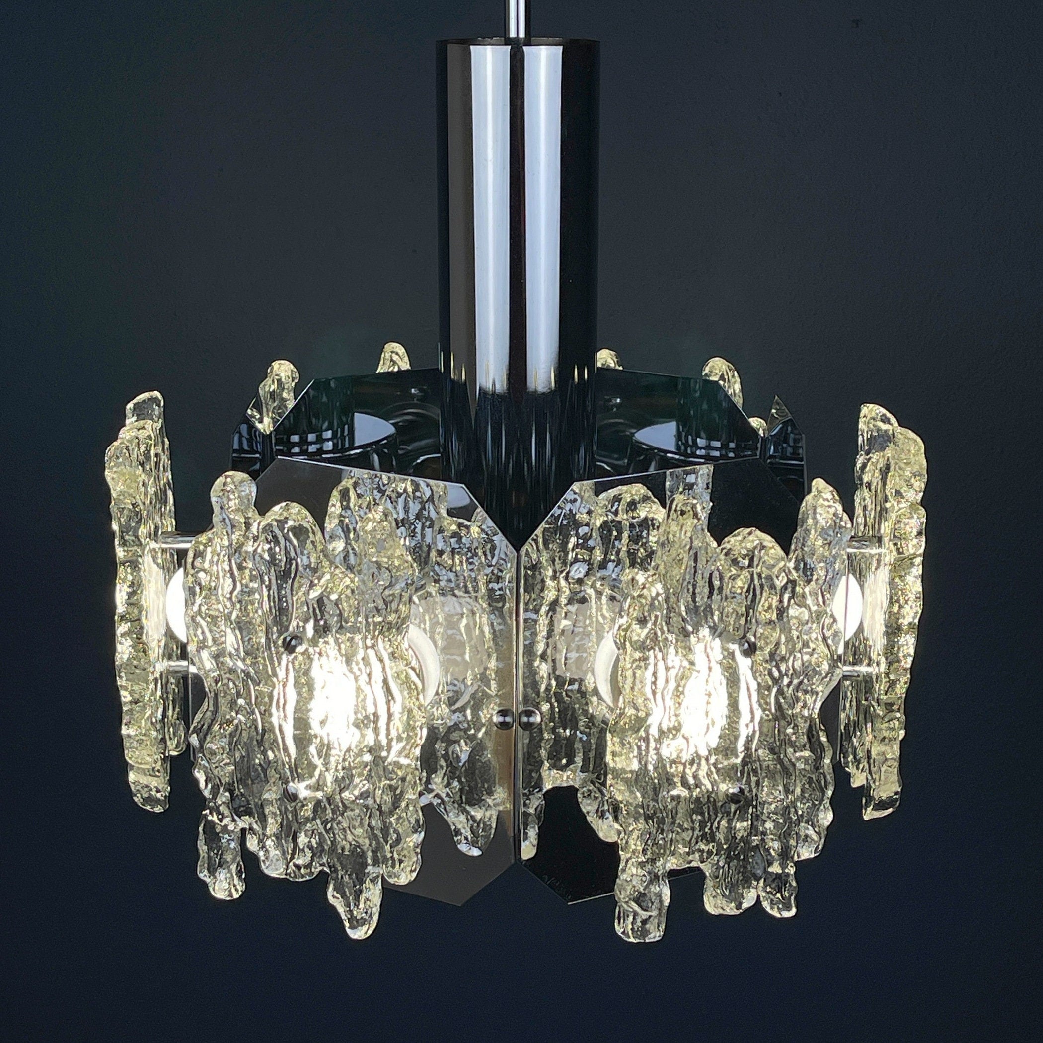 Mid-century ice Murano glass chandelier Italy 1970s Space age Sputnik atomic design