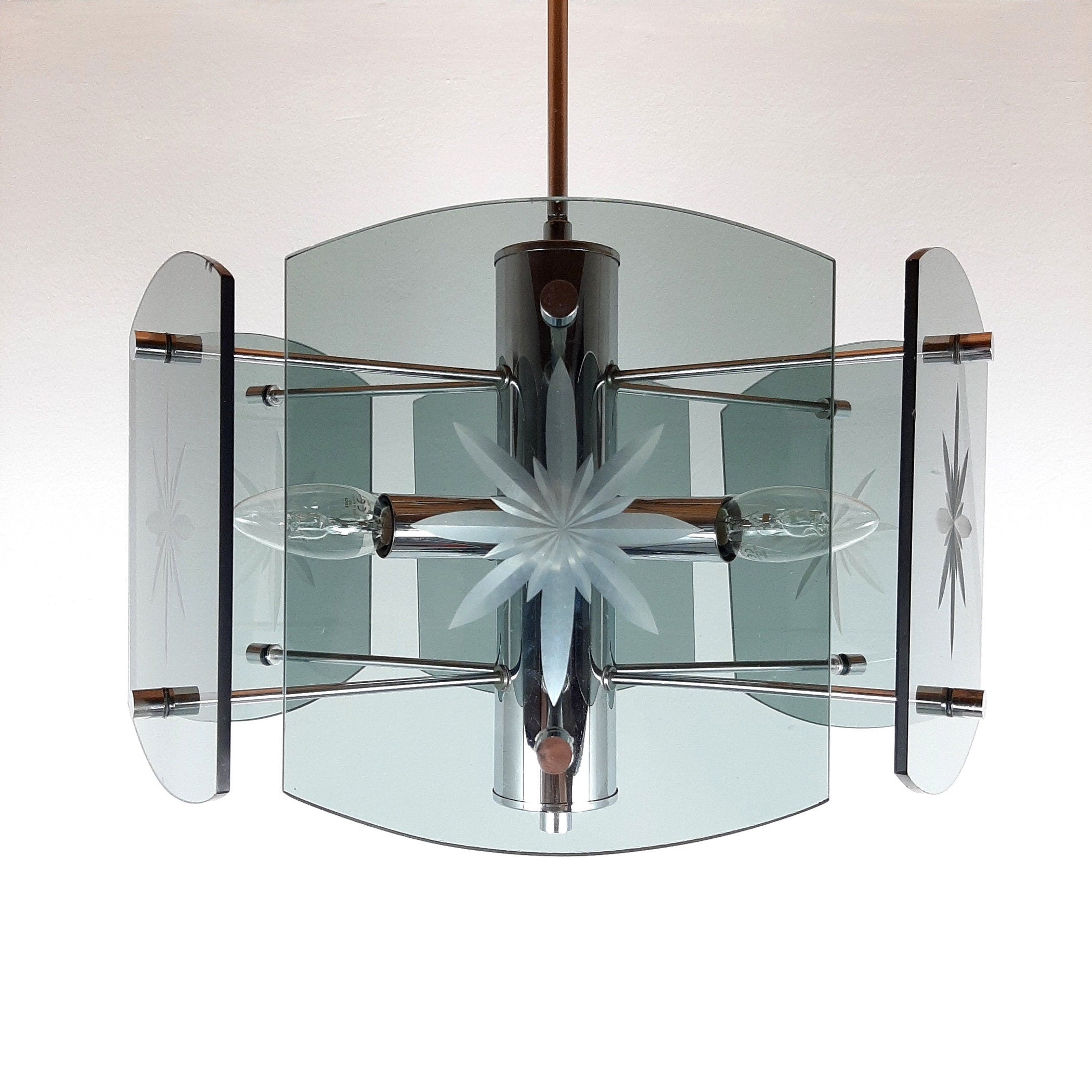 Mid-Century Modern Smoked Glass Pendant Lamp: EMI Poljcane Yugoslavia '70s