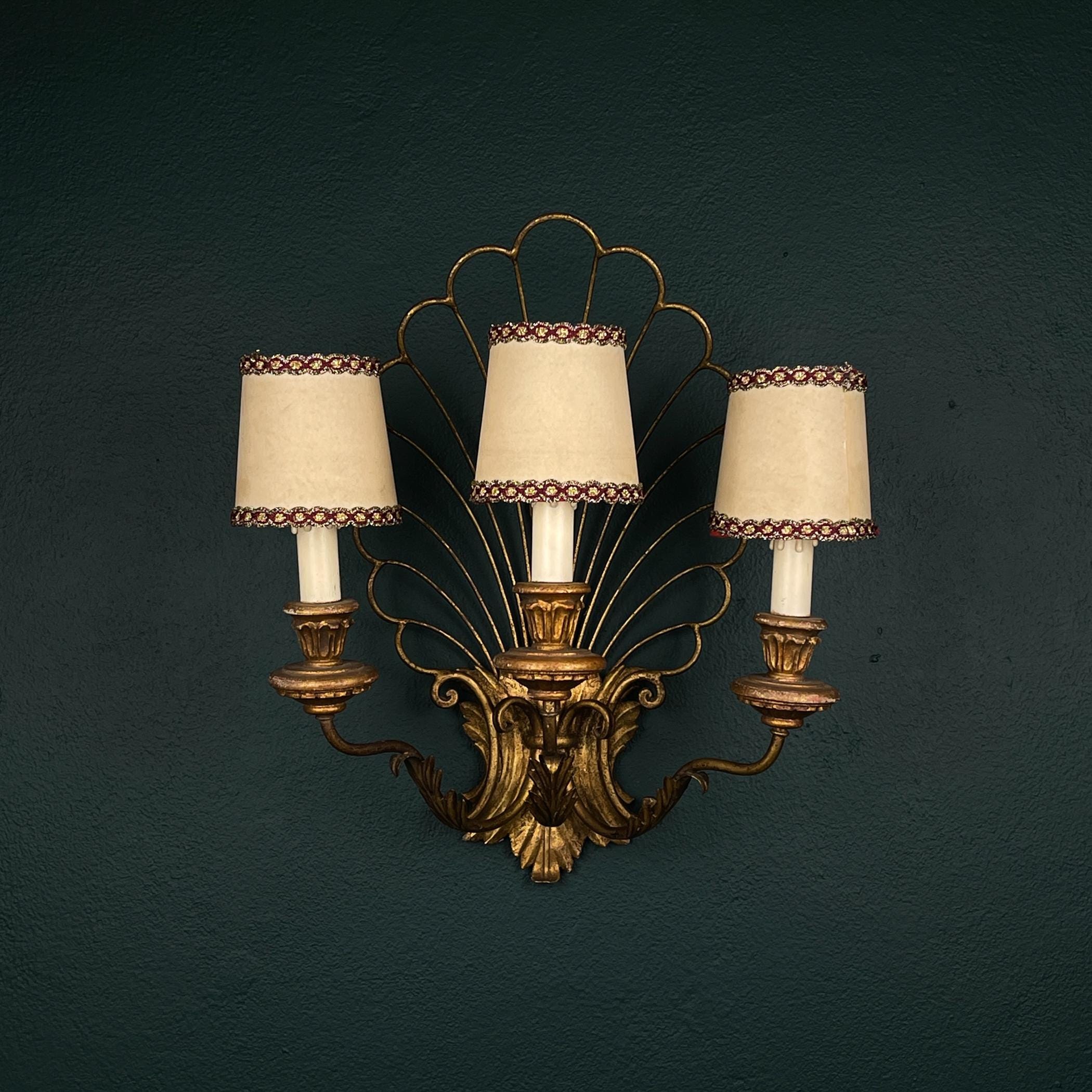 Antique bronze wall lamp 3 arm, Italy 1930s, Vintage home decor
