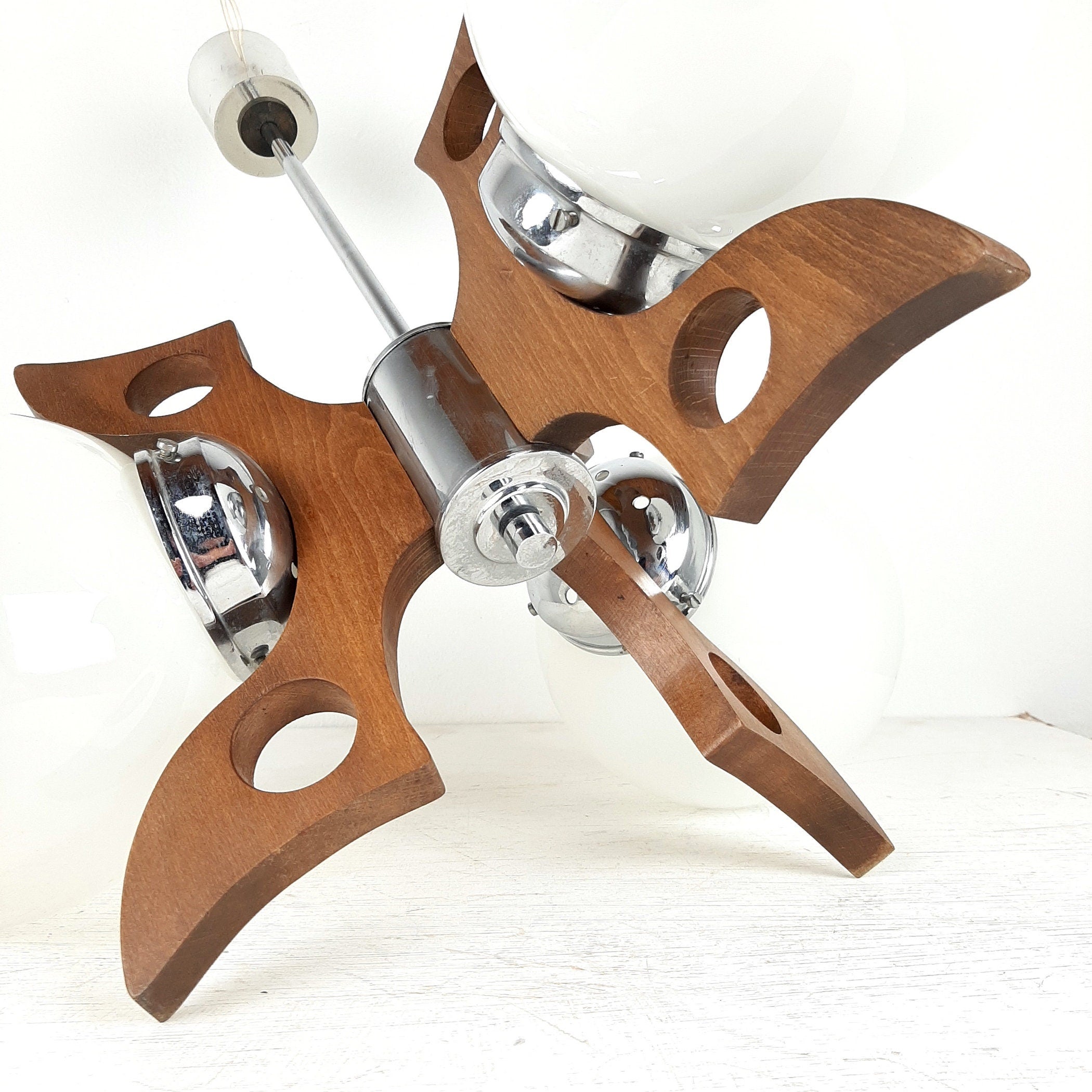 Retro Wood & Glass Chandelier: 70s Geometric Pendant Lamp