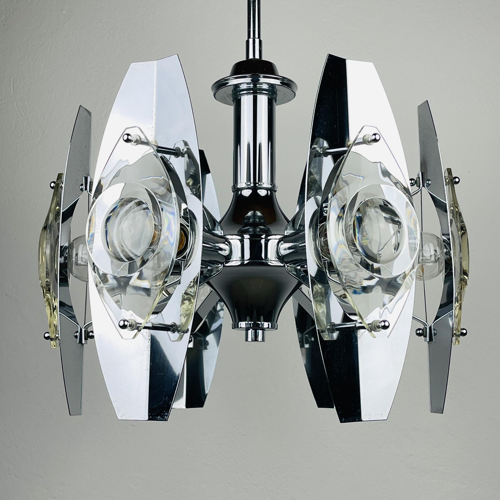 Chrome and Glass Lens Chandelier by Oscar Torlasco Italy 1960s, Vintage home decor