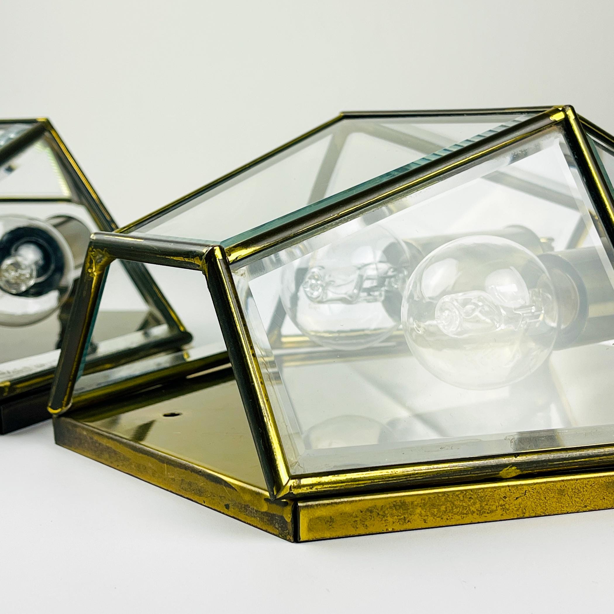 Hexagonal Gold Brass and Crystal Sconces, 1960s, Set of 2, Vintage home decor