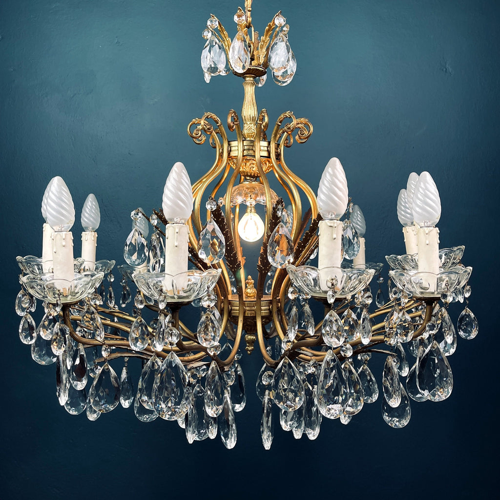 XL Vintage Crystal Chandelier: 1950s Italian Hollywood Regency Brass Lamp