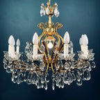XL Vintage Crystal Chandelier: 1950s Italian Hollywood Regency Brass Lamp