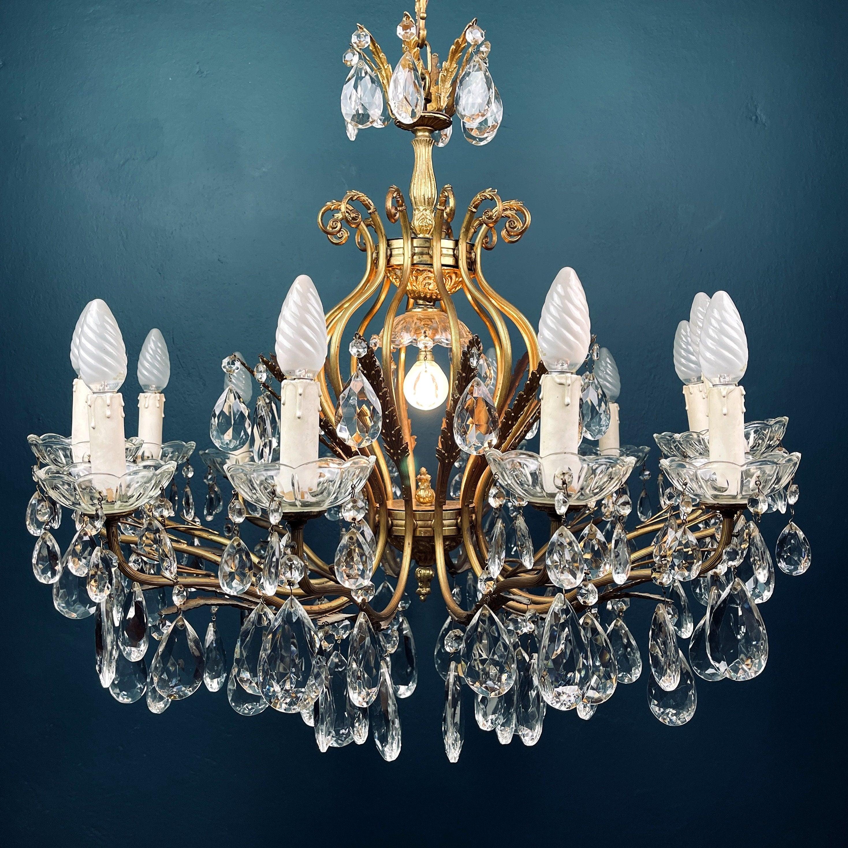 XL Vintage Crystal Chandelier: 1950s Italian Hollywood Regency Brass Lamp