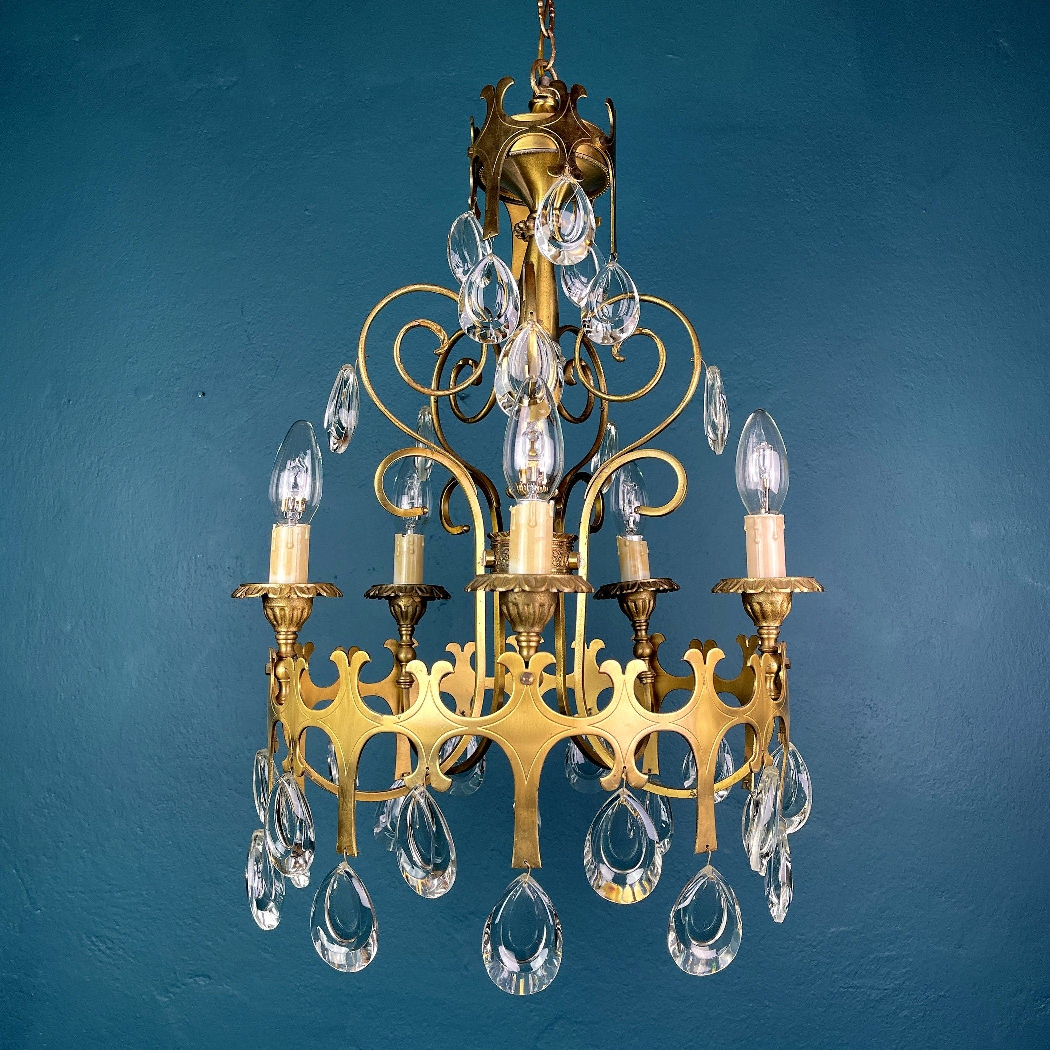 Vintage Italian Chandelier: 1960s Bronze 5-Arm Crystal Drop Light