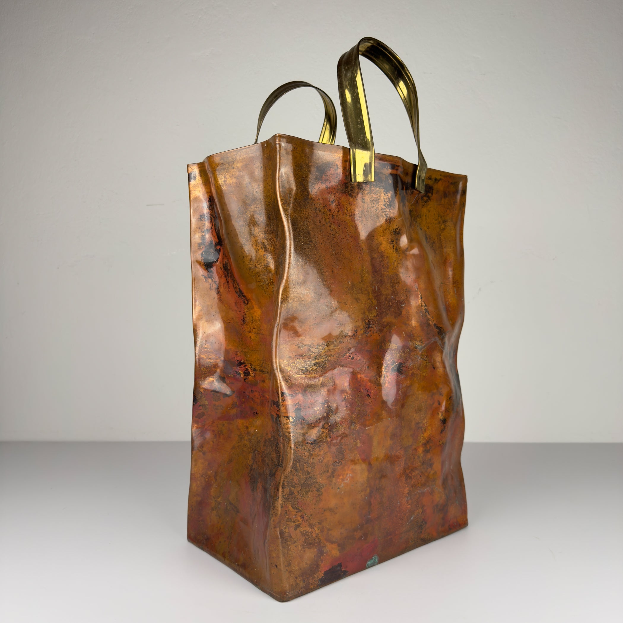 Vintage Copper Magazine Rack "Shopper Bag" with Brass Handles, Italy 1970s