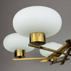 Mid-Century Stilnovo Chandelier with Brass and Opaline Glass, Italy 1970s